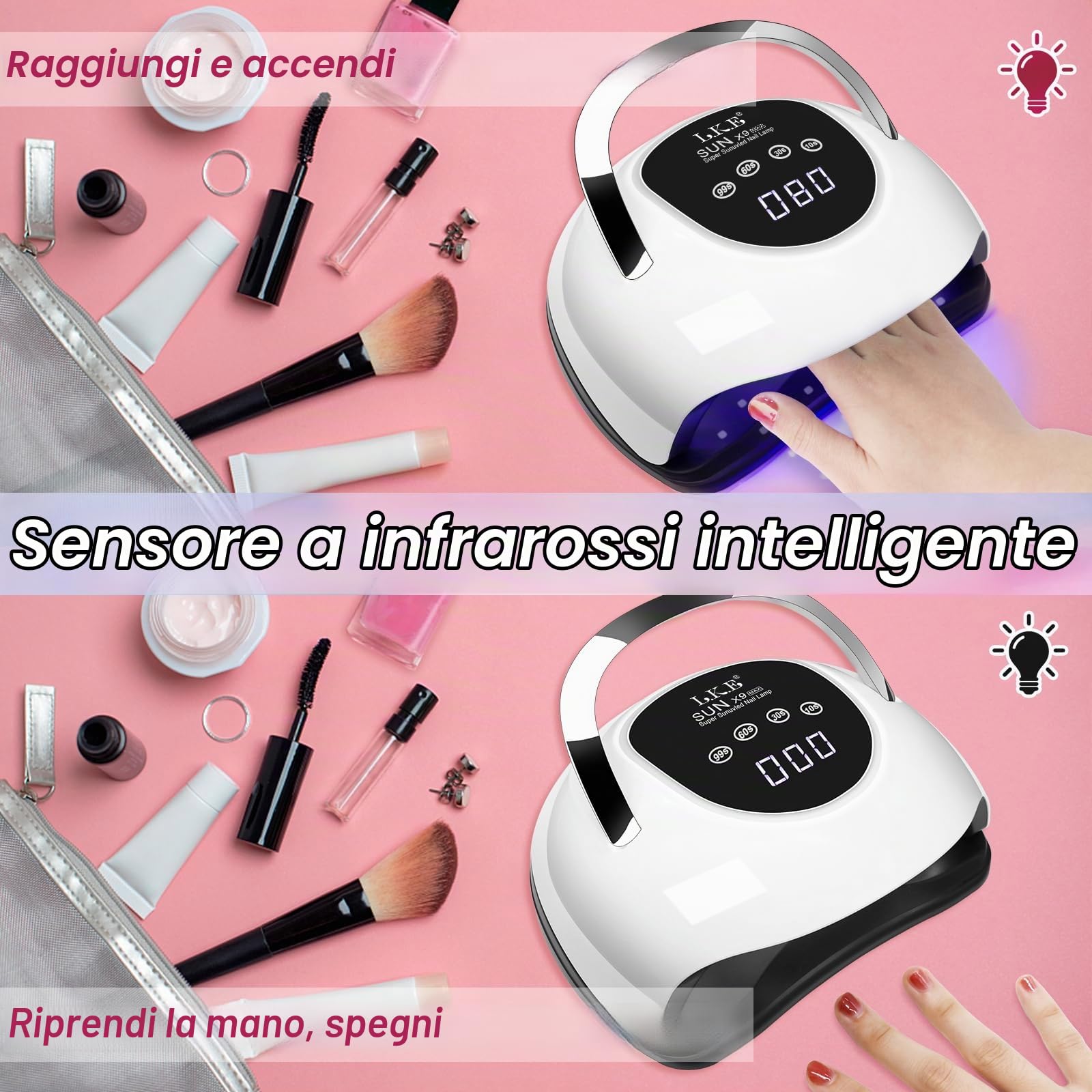 Lampada UV per unghie in gel, 220 W, professionale, veloce, lampada UV con 4 timer, touchscreen, sensore automatico, impugnatura portatile, lampada LED per unghie