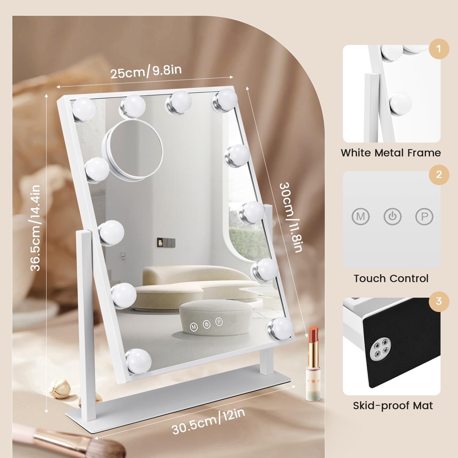 Espejo Hollywood con iluminación LED Tipo C y Puerto de Carga USB 12 Luces atenuadoras Espejo de Maquillaje con 3 Modos de luz con iluminación Espejos Hollywood Montaje en Pared Blanco 40x30cm