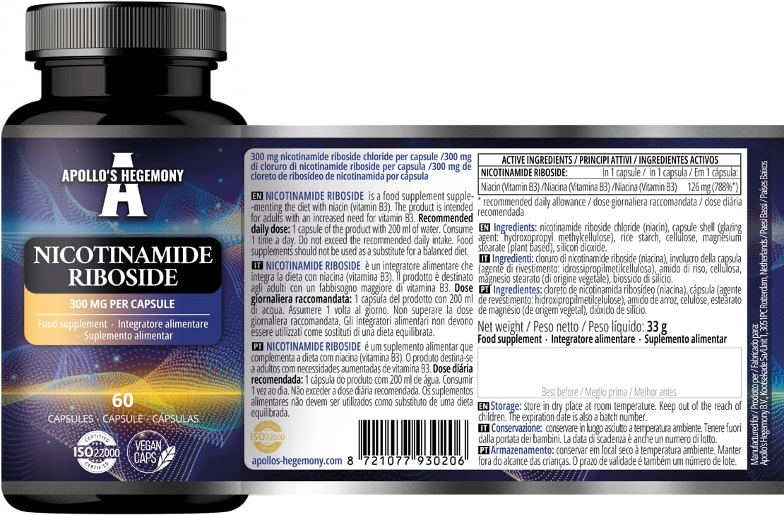 Rybozyd nikotynamidu (NR) 300 mg - 60 wegańskich kapsułek niacyny - zapas na 2 miesiące - suplement witaminy B3 wspomagający metabolizm energetyczny i zmniejszający zmęczenie - Apollo's Hegemony