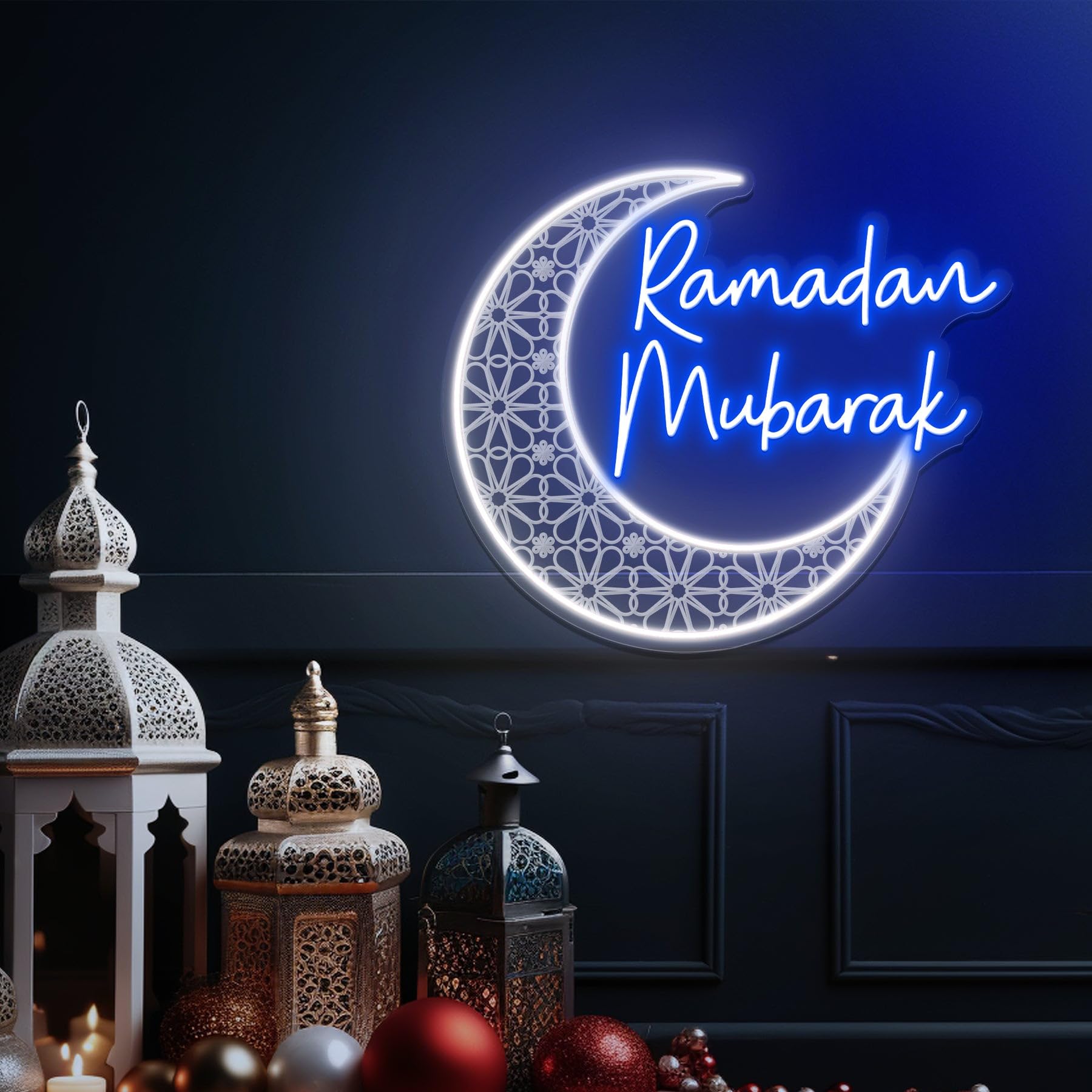 Ramadam Mubarak LED 3D Engraved Neon Sign USB Adjustable Brightness Living Room Bars Barbers Pub Wedding Party Salon Gatherings Gaming Room Man Cave Christmas Art Wall Decor