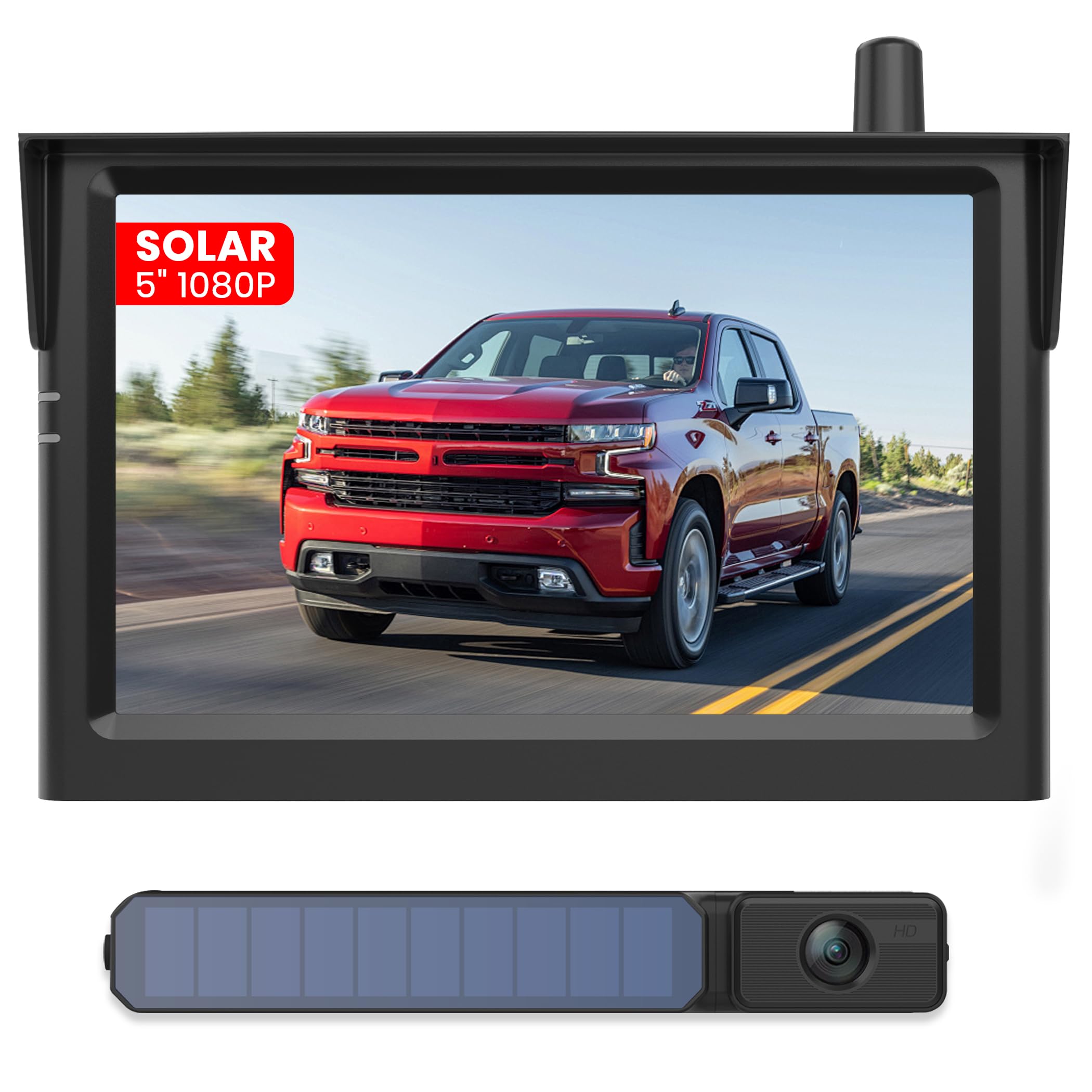 5“ Solar Rückfahrkamera Kabellos Set, 3 Min DIY Installation, HD1080P Monitor Unterstützt 2 Channels, IP69K Wasserdicht für Auto, SUV, Van, Wohnmobil Foxpark
