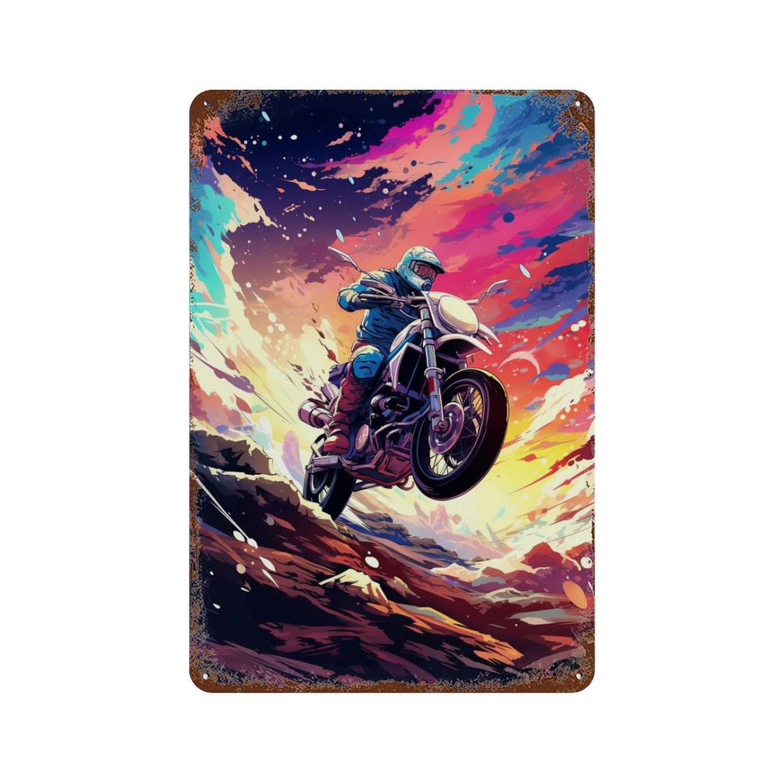Motorcycle Adventure in The Clouds Distressed Metal Wall Sign 11.8"x7.9", Ideal for Cafe, Home Bar And Lounge Decor
