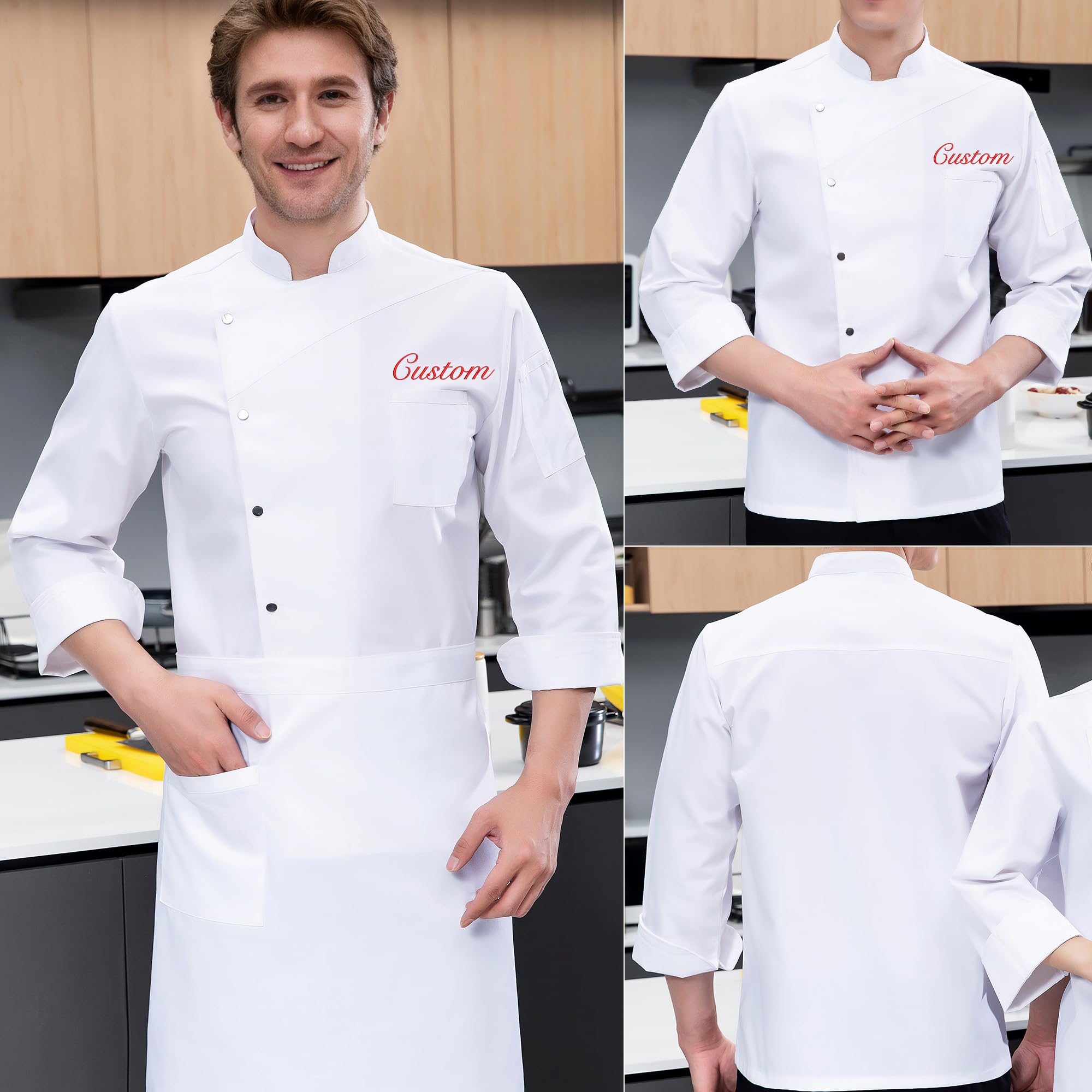 Ensemble De Chef Personnalisé Brodé, Veste À Manches Longues Avec Tablier, Uniforme Professionnel Pour Restaurant Hôtel Cuisine (Hommes & Femmes)