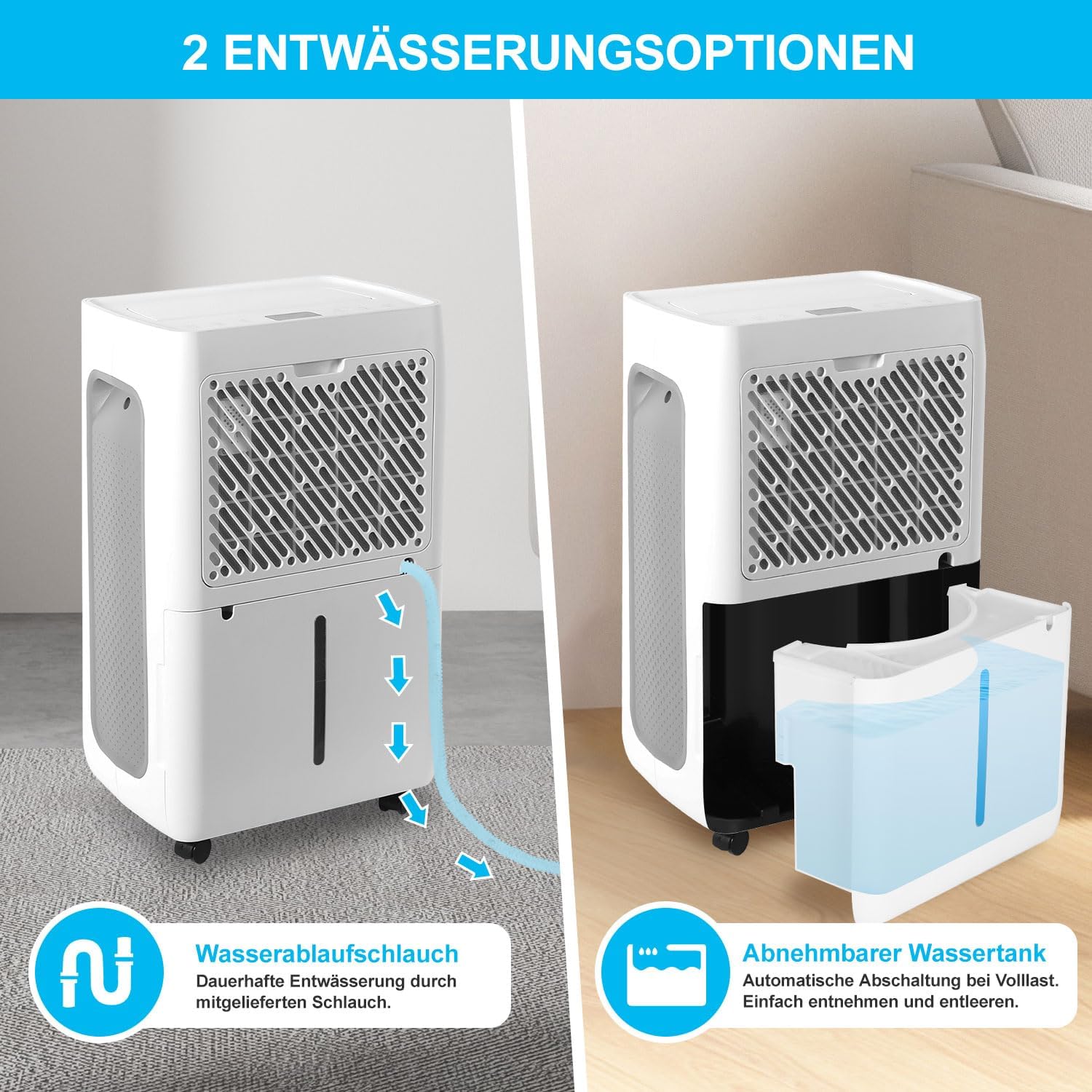 Herrselsam Dehumidifier showing two drainage options: continuous hose and removable water tank