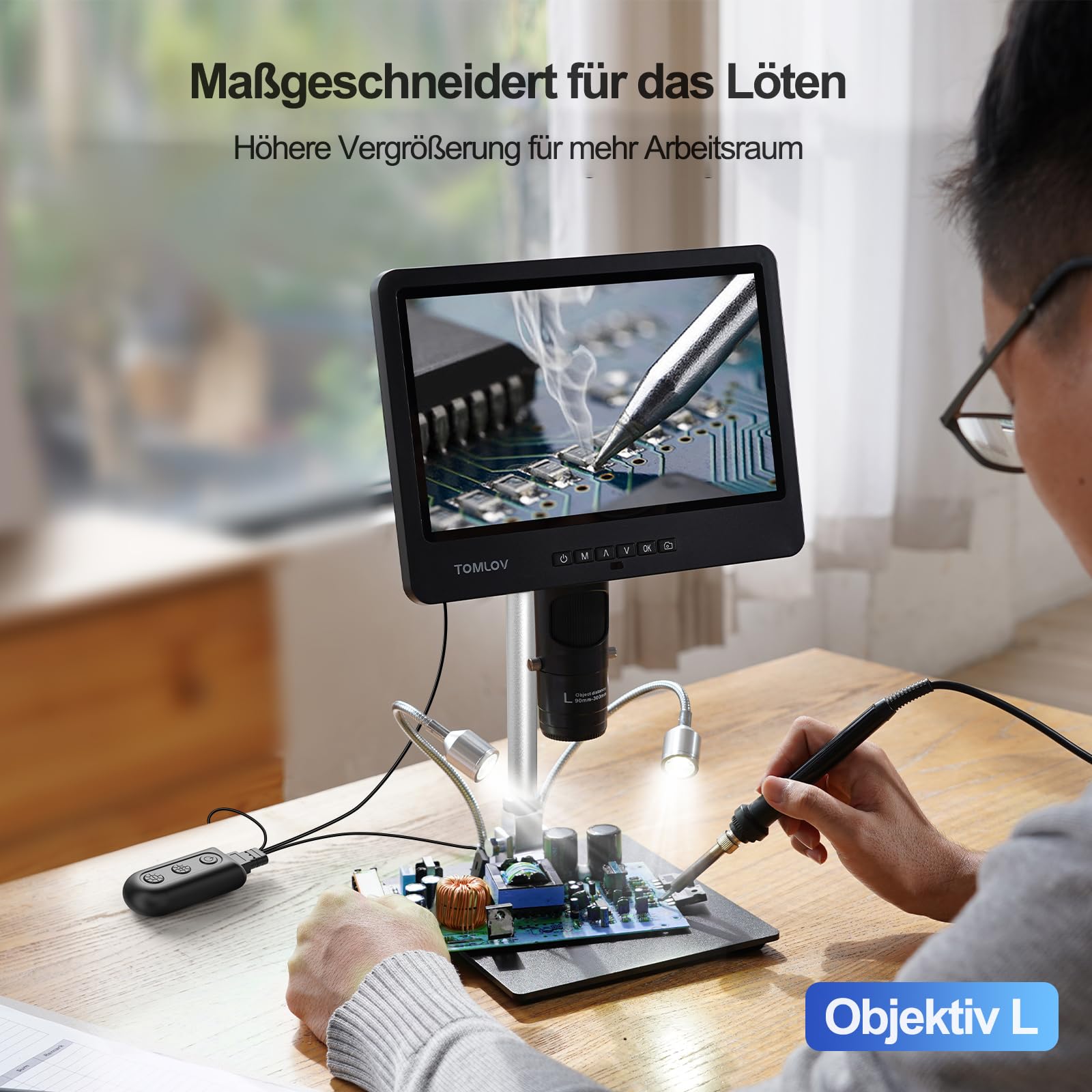 TOMLOV DM602 Pro 10,1 Zoll 3 Objektiv Digitales Mikroskop, 2K 24MP HDMI Lötmikroskop/Biologisches Microscope mit 144 Einstellbaren LED-Ring-Licht, 64GB Karte, 10" Stabiler Ständer, TV/PC Kompatibel