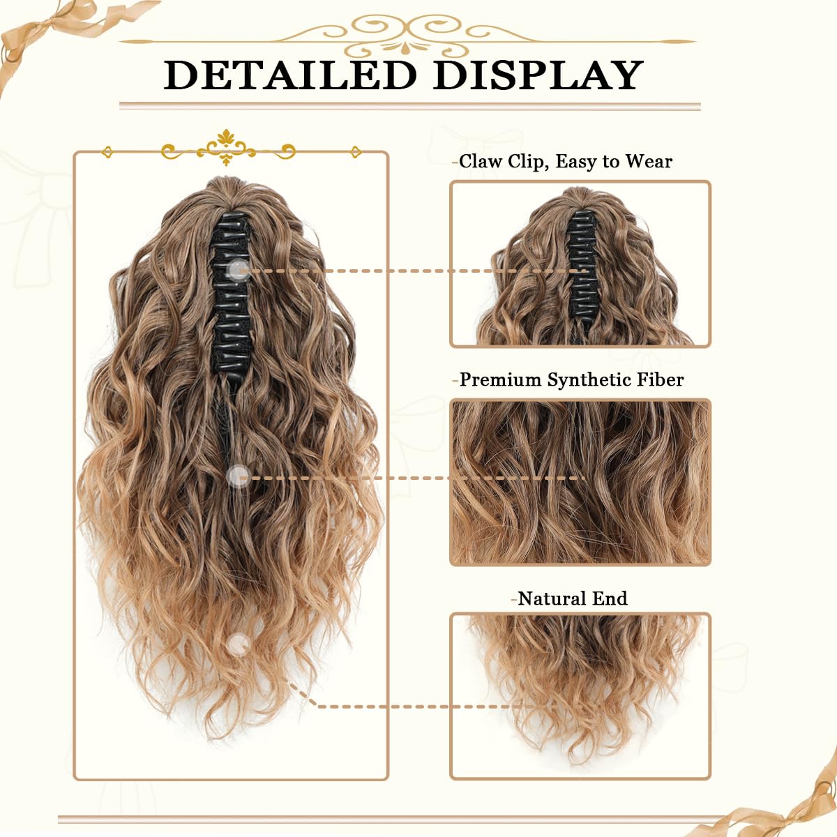 VEGALILY 12 inch Ponytail Extension Short Curly Hair Extensions Clip in Drawstring Ponytail Synthetic Claw Clip Ponytail Hair Extensions Soft Hair Pieces for Women (Rich Brown with Light Tail) - Image 3