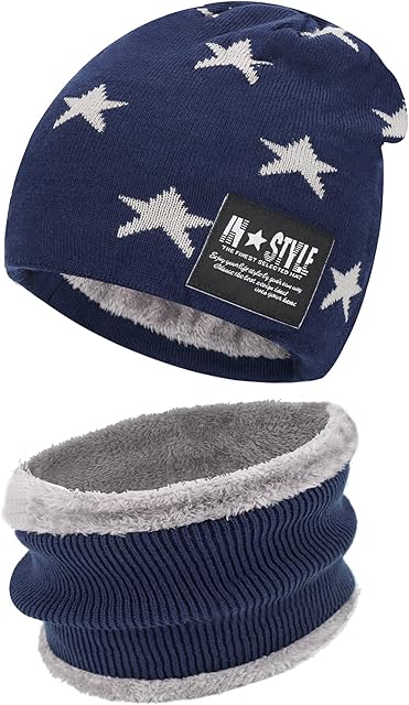 Bequemer Laden Kids Boys Girls Winter Warm Knit Beanie Hat and Scarf Set with Fleece Lining
