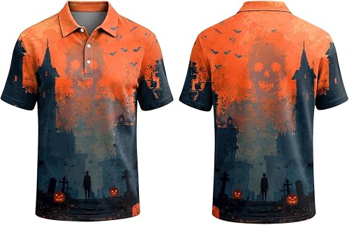 Halloween Costumes Polo Shirts for Men Scary Skeleton Graphic Short Tee｜Vintage 