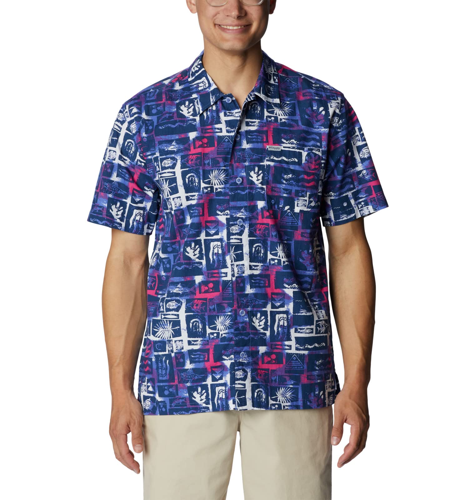 Columbia Men's PFG Trollers Best Short Sleeve Shirt Hiking, Violet Sea Punked Fish, 5X Tall