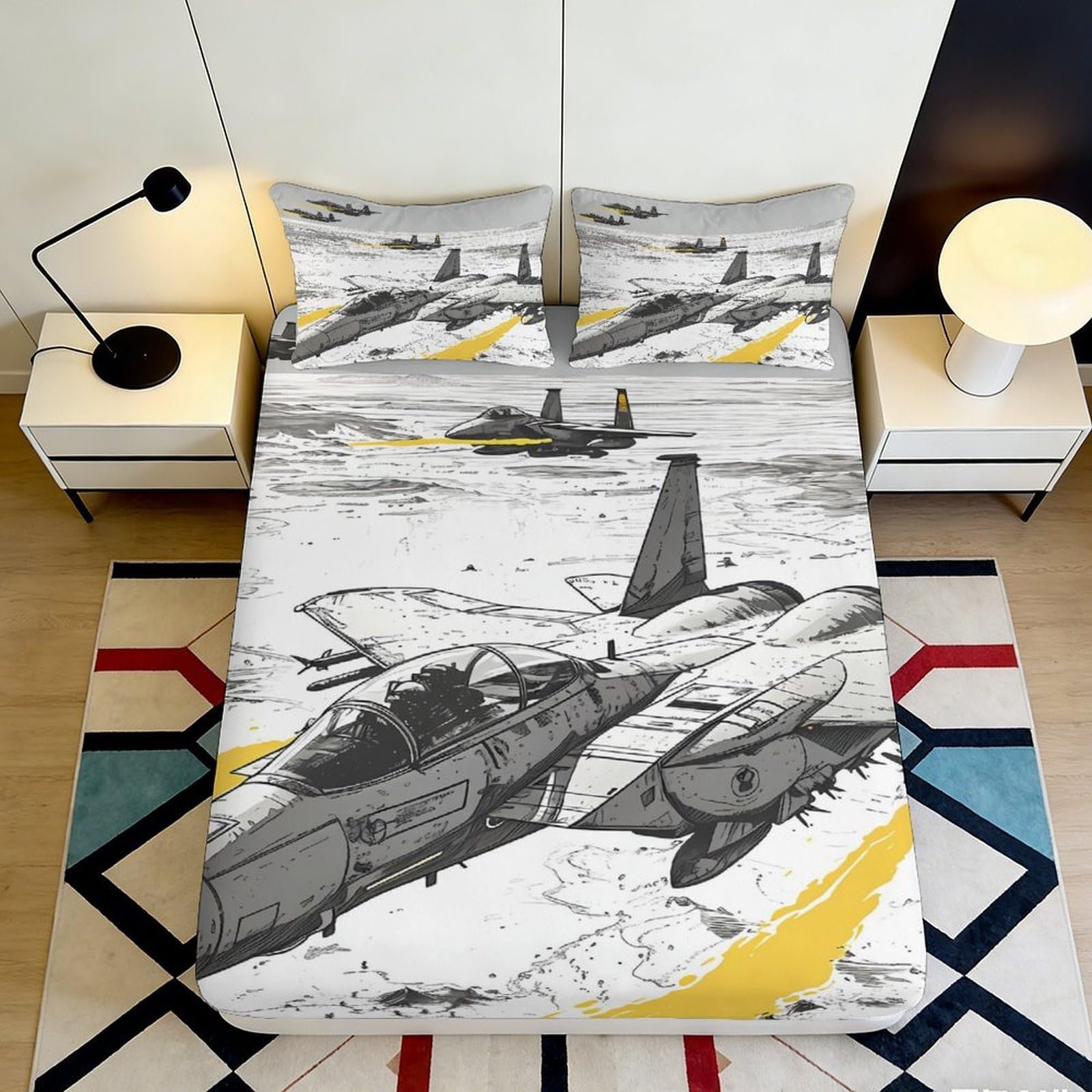 3D Printed Fighter Jet Fitted Sheet Microfiber Soft Breathable Military Airplane Bed Cover for Bedroom Decor 90x200x25cm