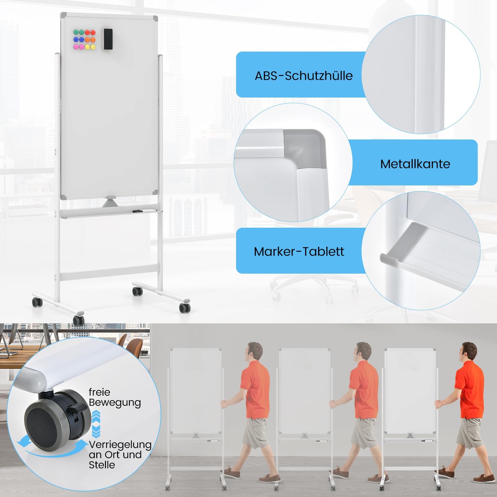 FANTASK Doppelseitiges mobiles Whiteboard, 60 x 100 cm, höhenverstellbares magnetisches Whiteboard mit Rollen, Ständer und Stiftablage, inkl. Zubehör für Schule, Büro, Zuhause (Weiß)