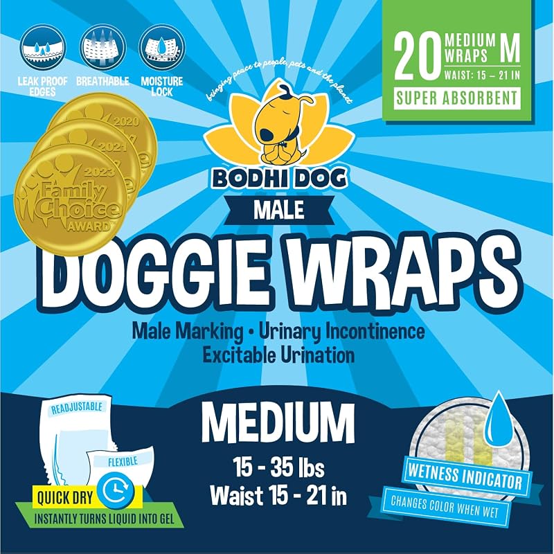 Fralda descartável masculina para cães Bodhi Dog, ajustável com indicador de umidade, tamanho Médio, pacote com 20