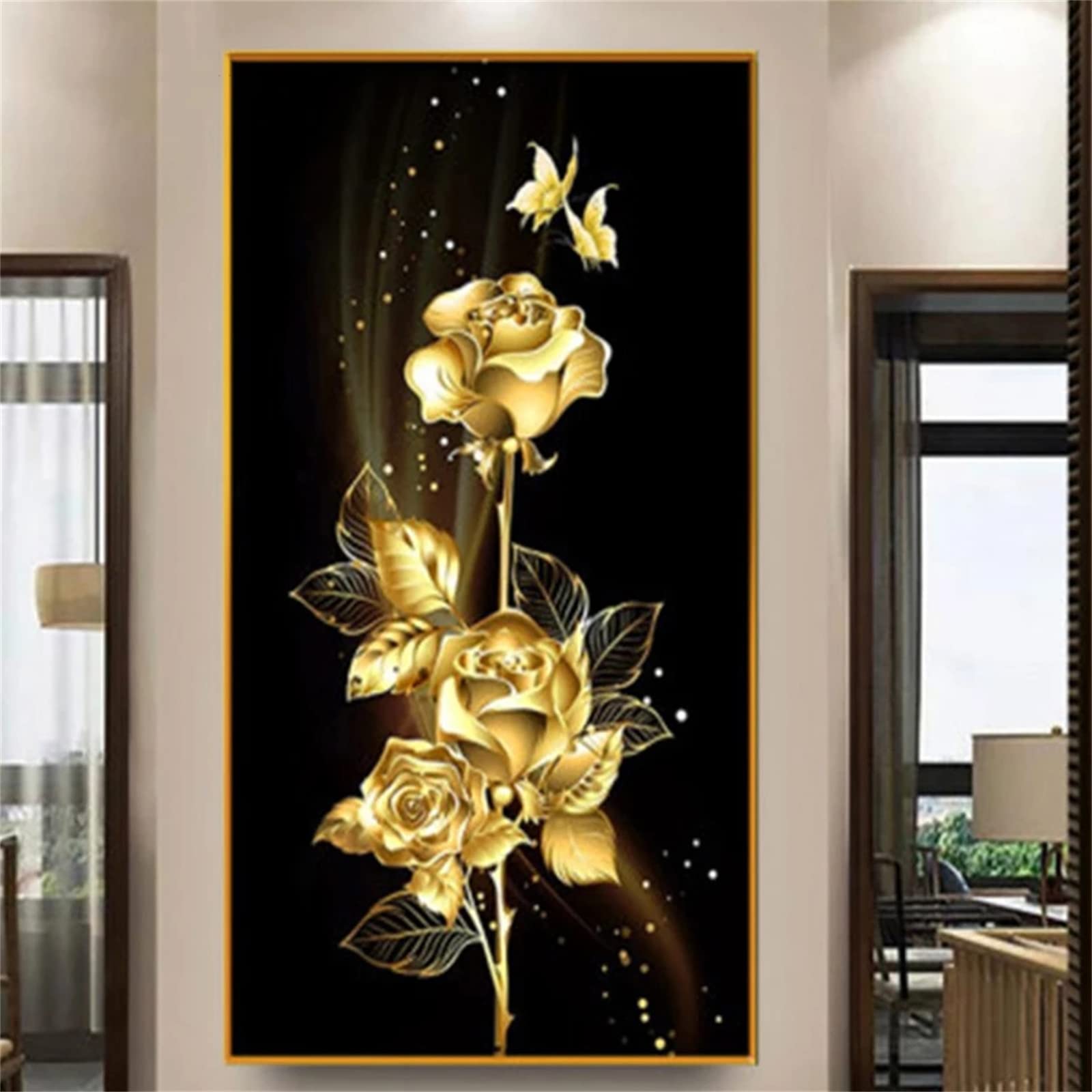 DIY zestawy do malowania diamentami 5D, pełne wiertło diamentowy obraz dla dorosłych i dzieci, kryształ górski haftowanie obrazy do dekoracji ścian domu - 90 x 180 cm (złoty kwiat róży)