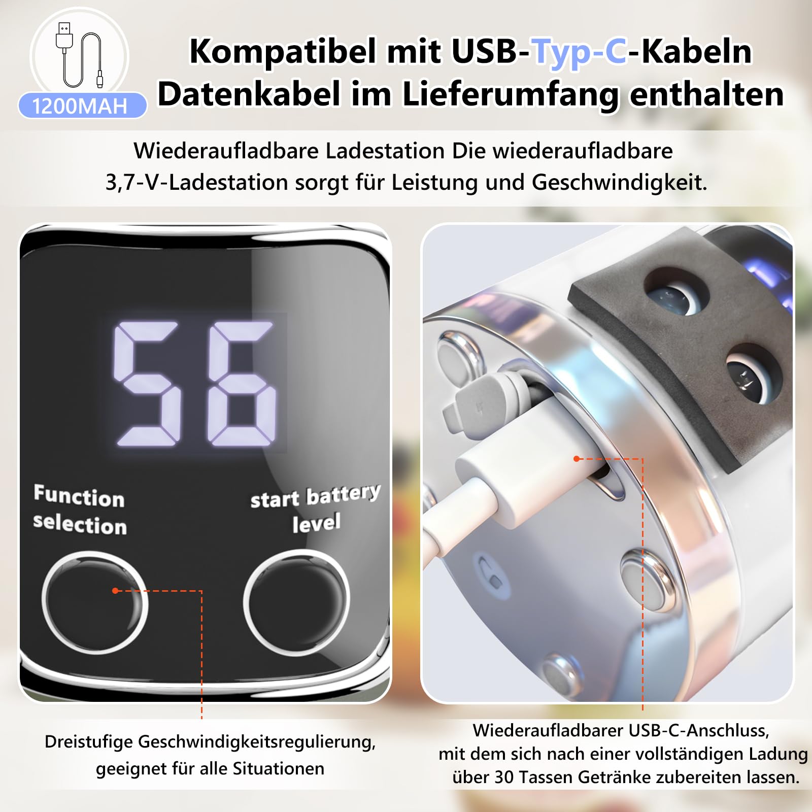 EasySpeed Tragbarer Mixer Smoothie Maker, 500ml Persönlicher Mini Entsafter Auslaufsicherem Deckel & Trinköffnung, 1500mAh Elektrisch USB-C, 12 Edelstahlklingen, BPA-frei für Reisen und Büro, Weiß