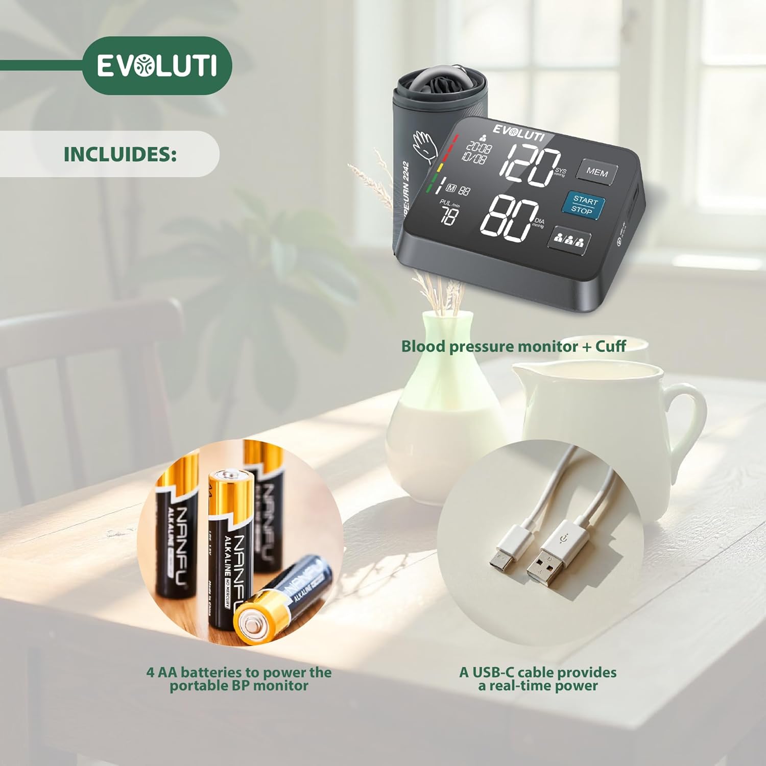EVOLUTI. Blood Pressure Monitor, EV-BP-86W, LCD Display, Upper Arm Large Adjustable arm Cuff, Automatic Micro air Pump and Electronic Control Valve, 3 x 199 Memories, up to 3 Users.