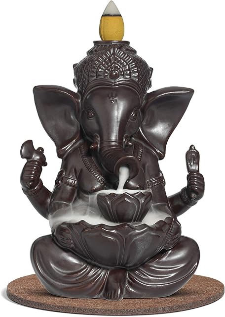 ComSaf Waterfall Backflow Incense Burner Ceramic, Handmade Censer Incense Cone Holder Fountain, Aromatherapy Elephant Ornament Home Decor Porcelain Yoga Meditation Relaxation Office Gift, Ganesha