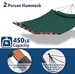 12FT 2 Hammock pour personne TegerDeger Grand hamac 450LB Capacité avec barre d'épandeur en bois franc en forme de V & Corde en nylon pour l'extérieur, Patio, Jardin, Cour arrière, Plage, Piscine - Vert foncé