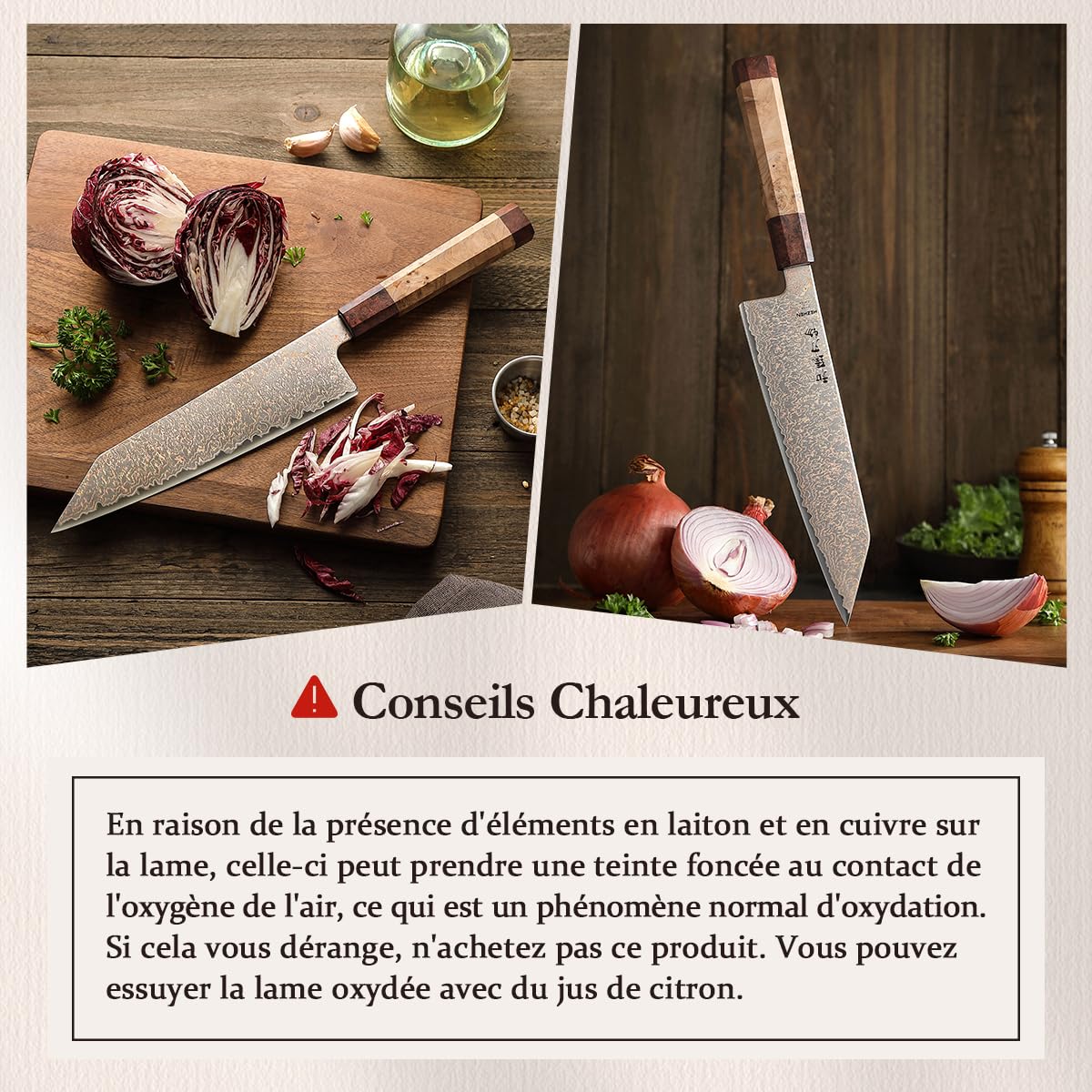 HEZHEN Kiritsuke Couteau de cuisine en acier damassé 33 couches de cuivre, motif damas, couteau de chef japonais Bunka