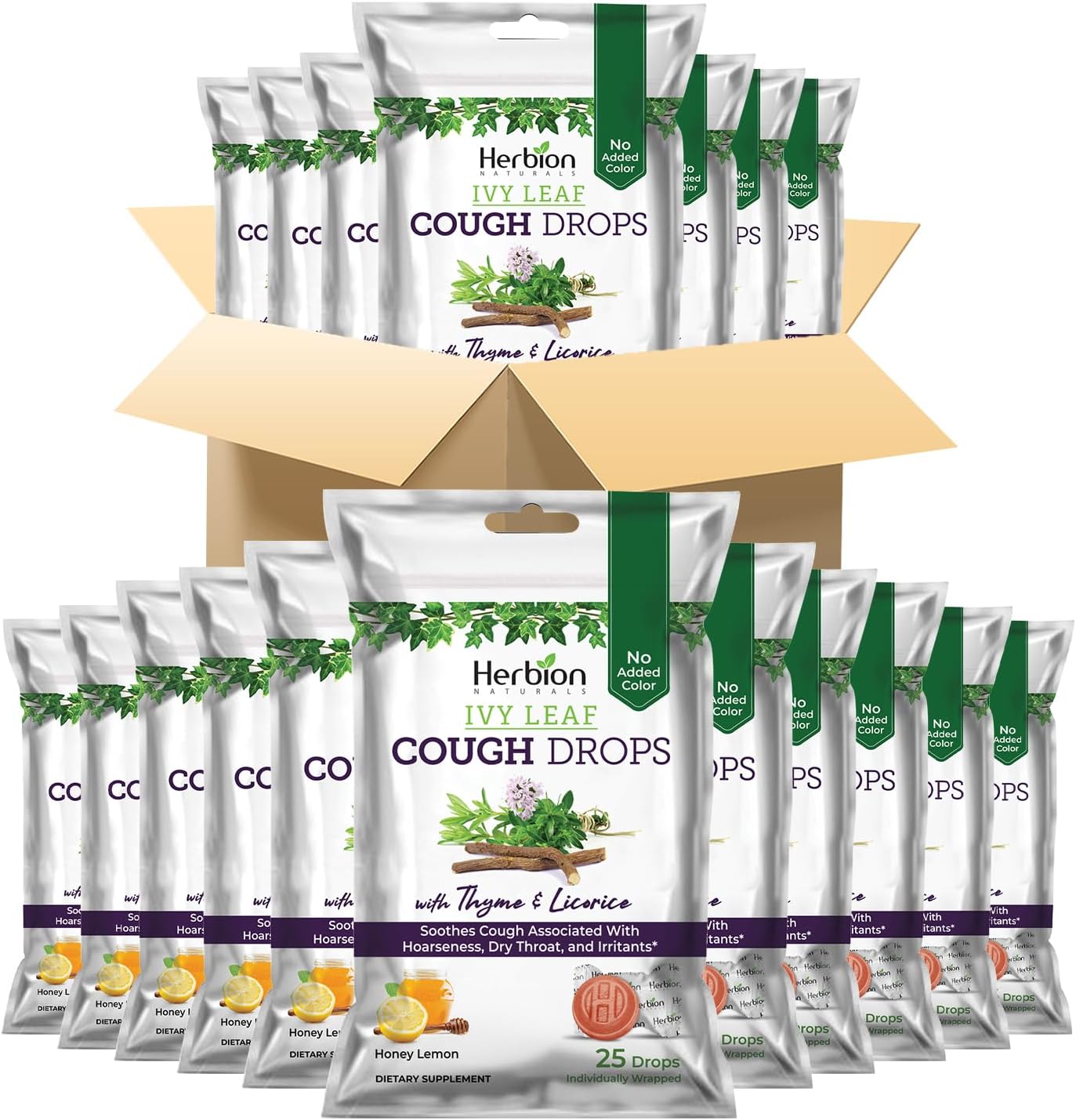 HERBION Naturals Ivy Leaf Cough Drops with Thyme & Licorice, Honey Lemon Flavor, Soothes Cough, for Adults & Children Over 6 Years, 25 Drops Each (Pack of 40)