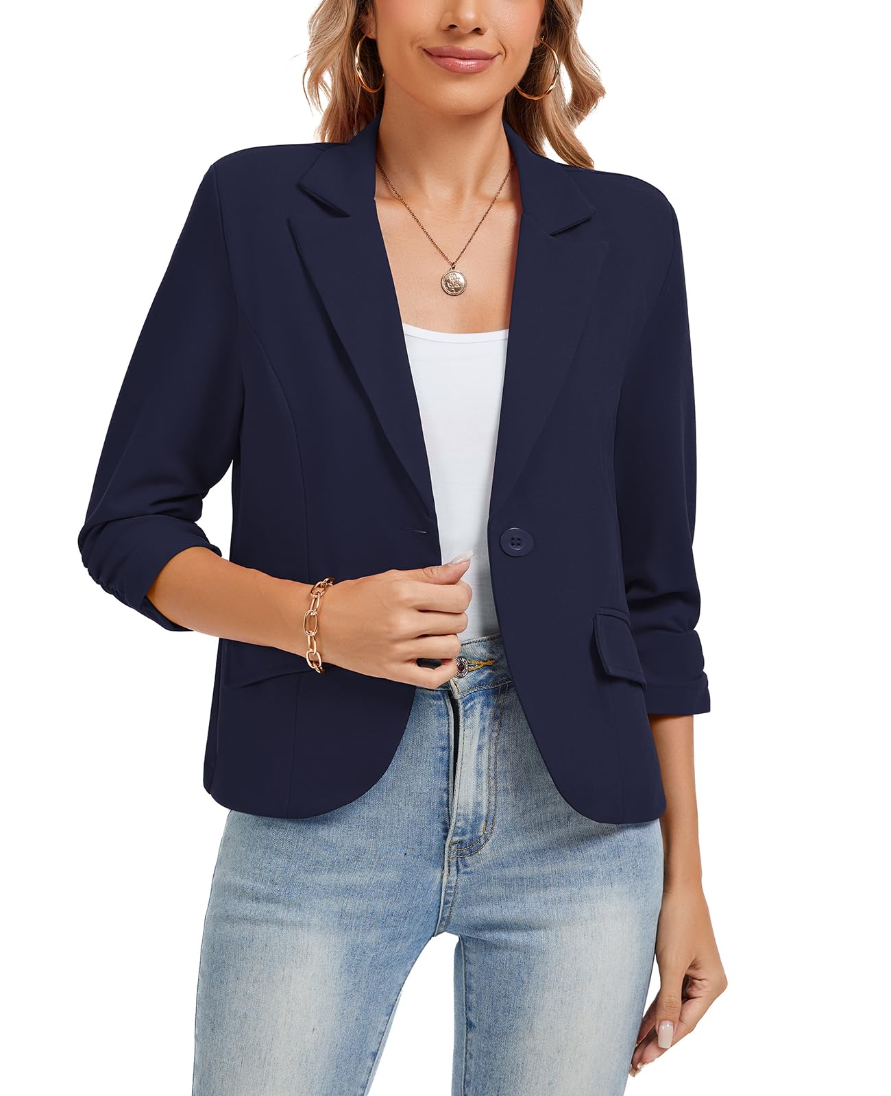 Womens Work Office Cropped Blazer 3 4 Sleeve Pad Shoulder Notched Collar Lightweight Stretch Jacket with Pockets