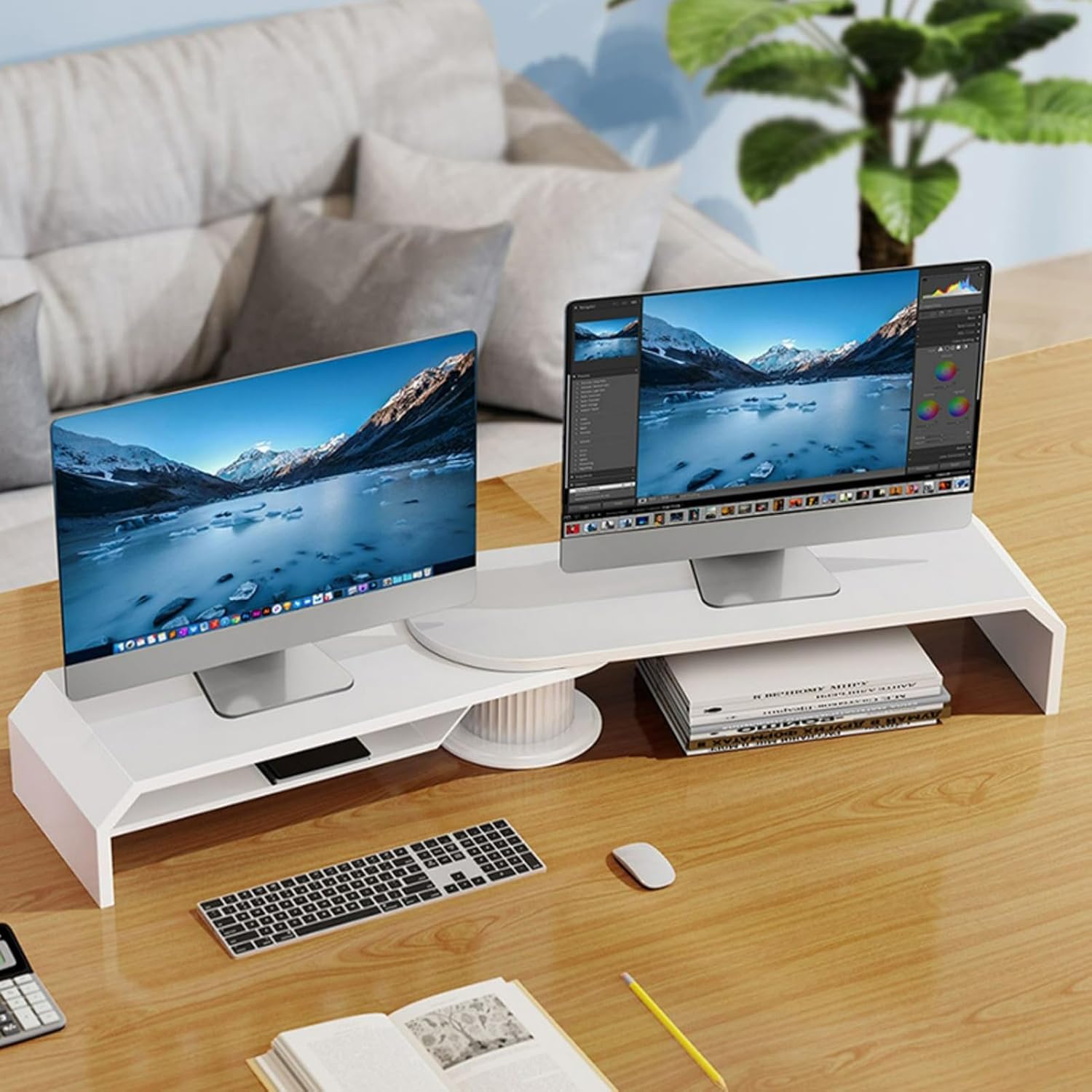 Supporto per Monitor angolare Pieghevole, Supporto Doppio per Monitor per Angolo o scrivania, Supporti per Display in Metallo per Uso su Tavolo, Lunghezza da 48 a 55 Pollici, supp