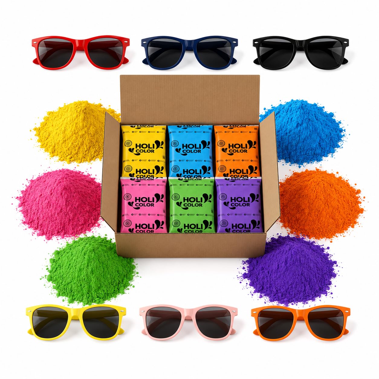 Polveri Holi Colorate – 6 buste da 500 g (3 kg) + 6 Occhiali da Sole