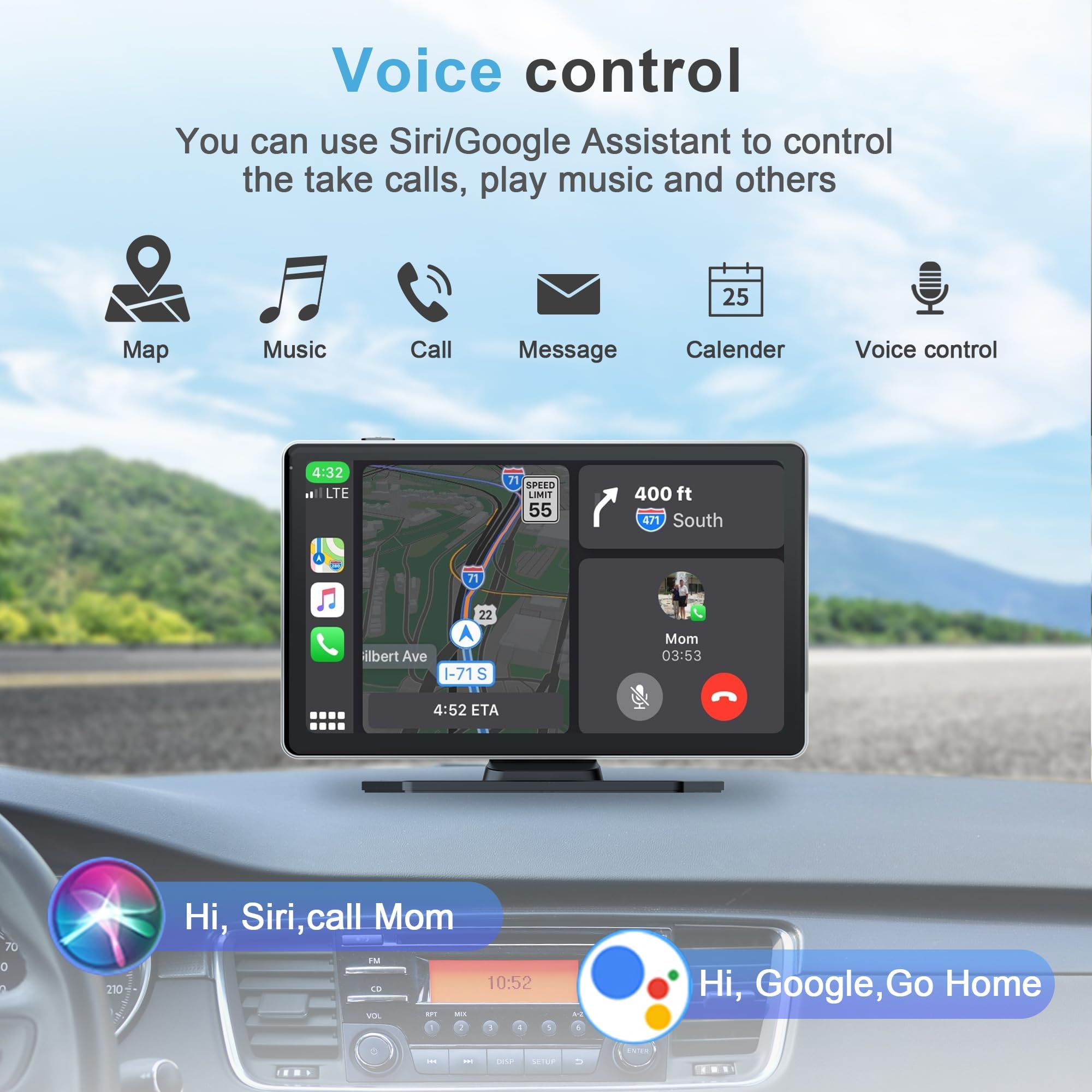 Radio de 9 Pulgadas con Apple Car Play y Android Auto, Reproductor portátil táctil inalámbrico con Control de Voz, cámara Dual 4K Frontal y Trasera 1080p (9 Pulgadas + 2 cámaras)