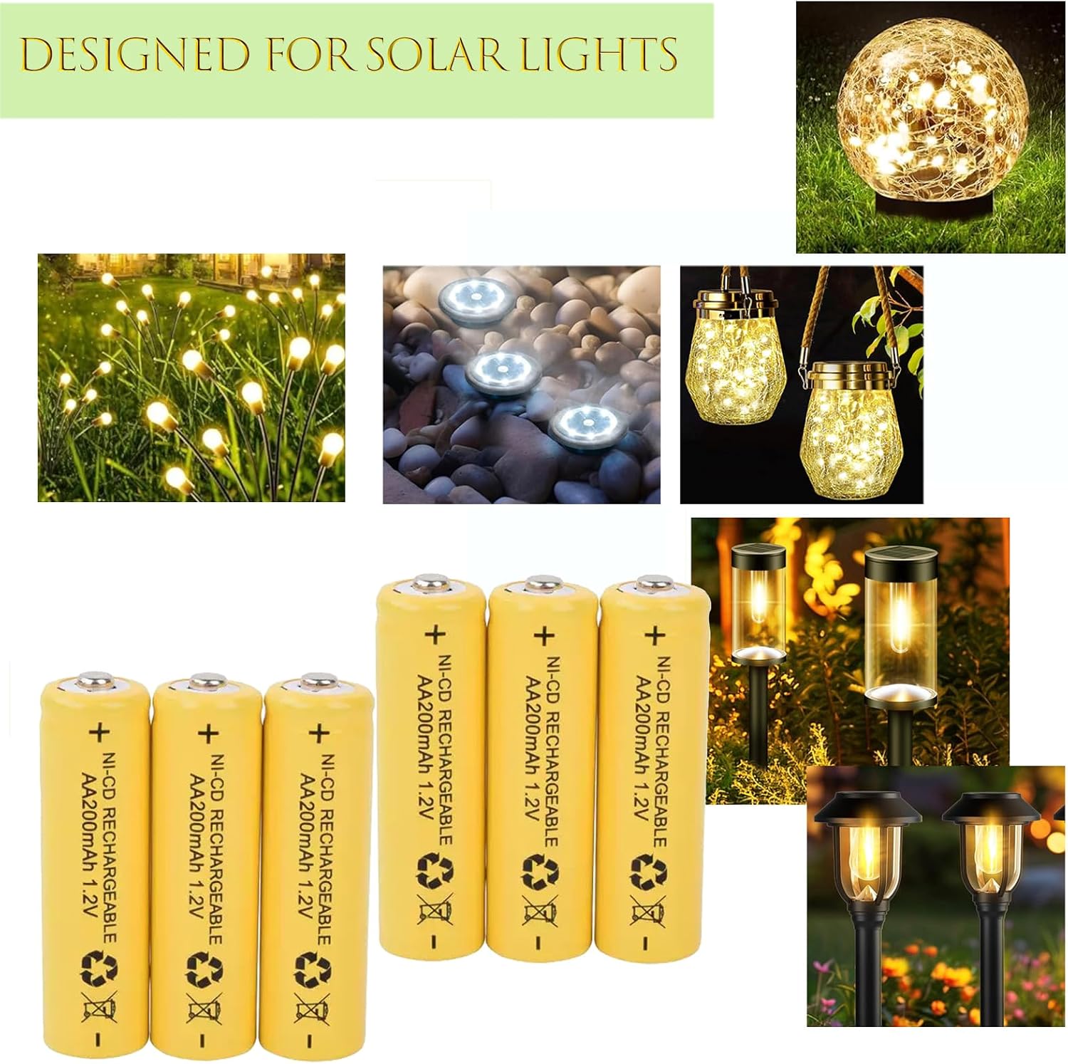 1.2V AA 200mAh Solar Ni-Cd Rechargable Batteries Cell for Yards Beyond Solar Lights, Landscape,Sidewalk Lamp,Garden Lawn,12 Packs