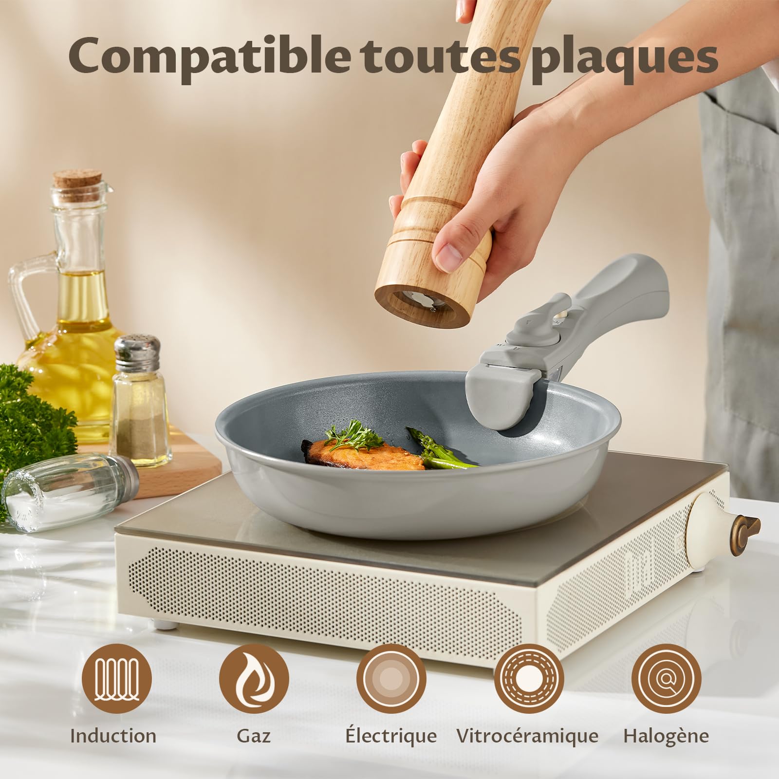 BLAZANT Batterie de Cuisine 7 Pièces avec Poignée Amovible | Poêles en Céramique 20/24/28 cm pour Petites Cuisines, Camping-Car & Camping | Empilable, Induction, Four jusqu'à 240°C, Sans PFAS