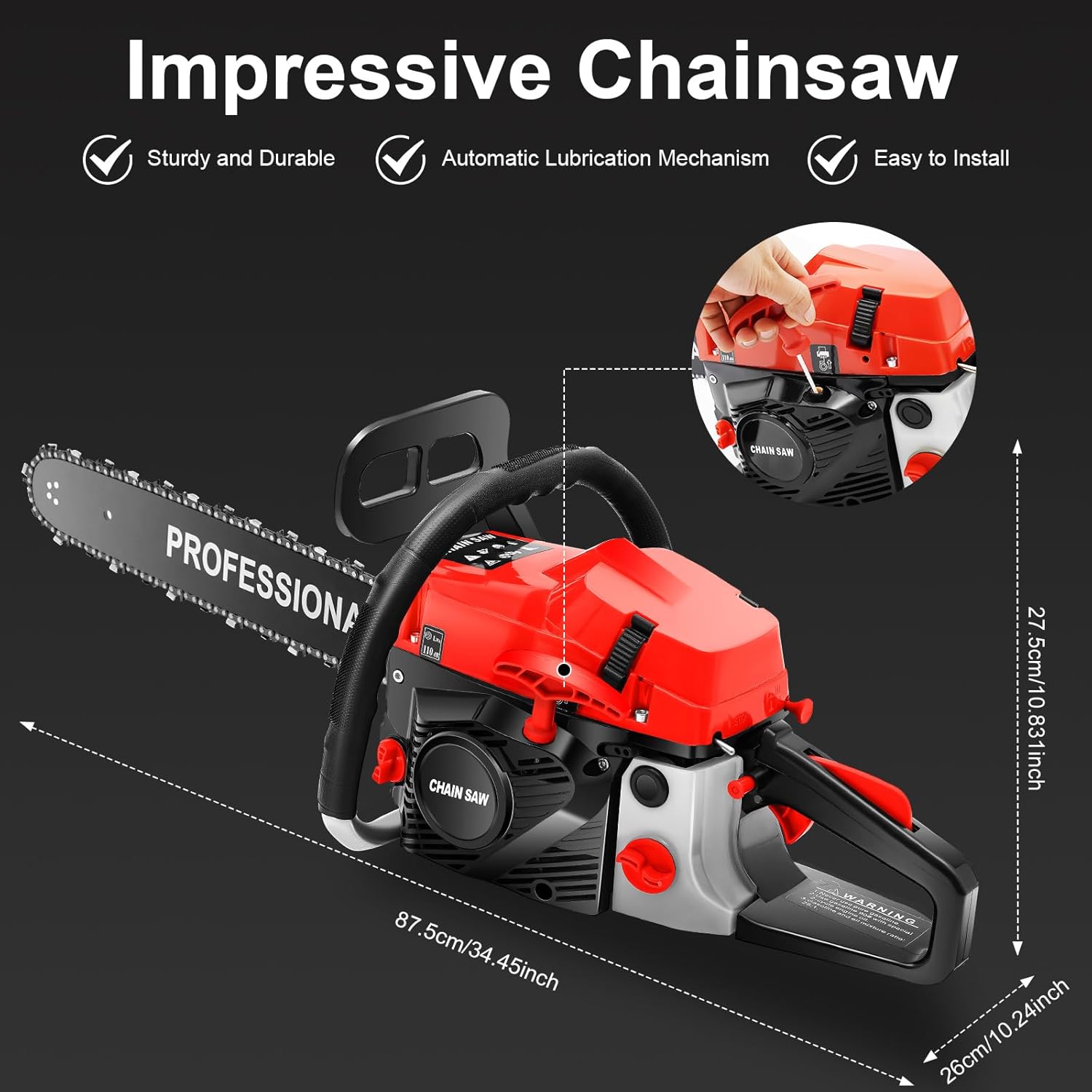 58cc Gasoline Power Chainsaw, 3.6Hp 2-Stroke Fule Logging Cutter, 10500RPM Single Cylinder Air-cooled Wood Saw Timber Feller for Tree Felling Backyard Clearing Outdoor Pruning