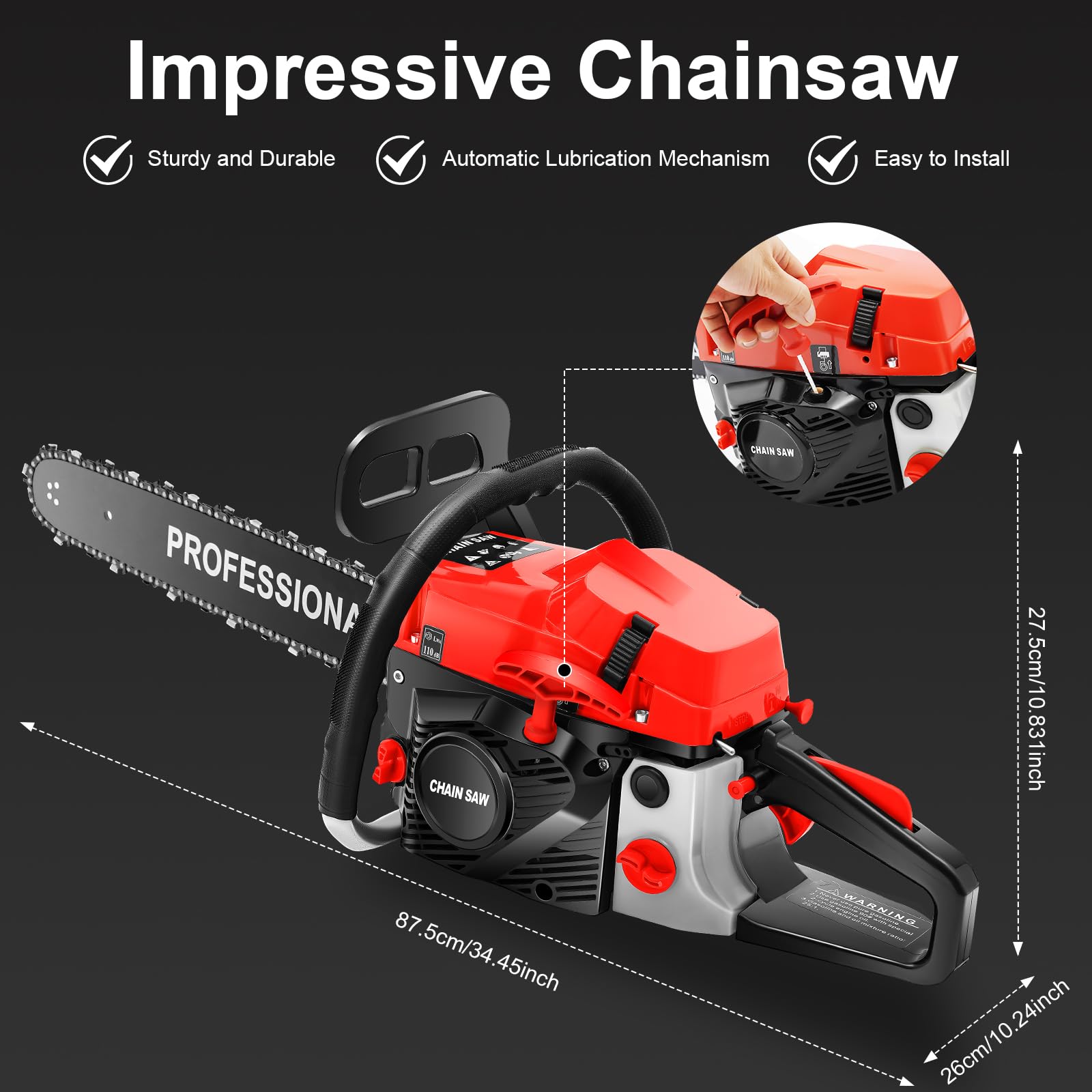 Motosierra de gas de 58 cc, motosierras de gas de 20 pulgadas con bolsa de herramientas, 3.6 HP, 2 ciclos, motosierra de gasolina inalámbrica de mano para cortar árboles, madera, jardín, granja