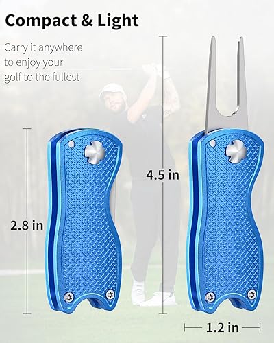 Miniatura 4 de Vibit Paquete de 2 herramientas de reparación de divot de golf para golfistas, herramienta verde plegable de metal con alineación magnética de putt,