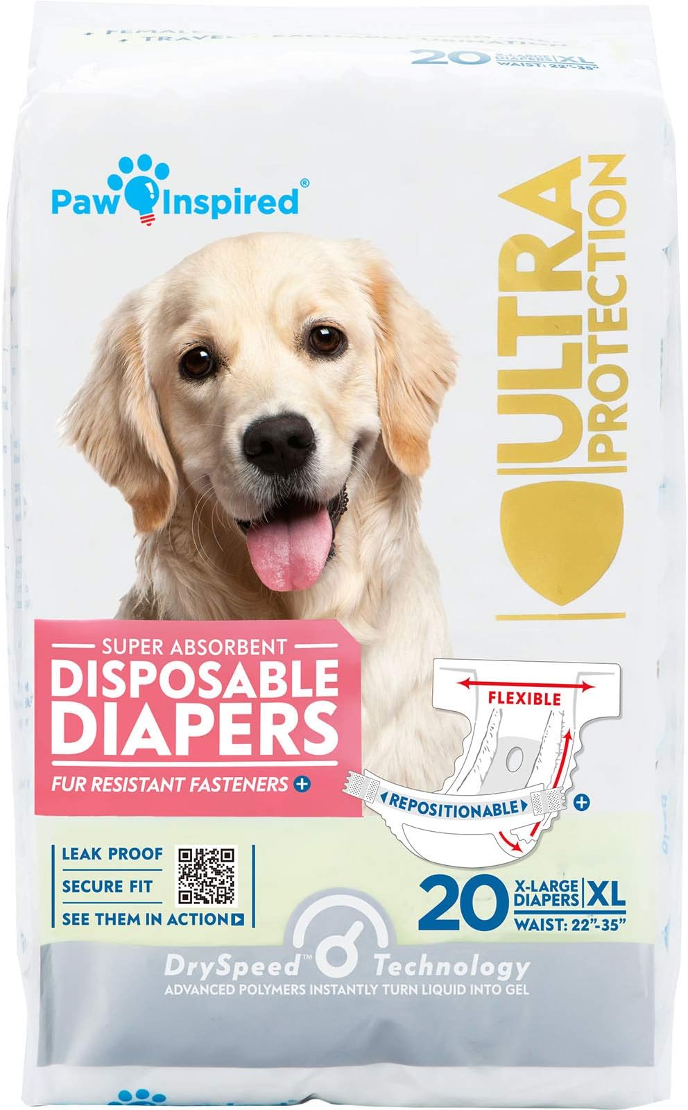 Paw Inspired 20ct Disposable Dog Diapers | Female Dog Diapers Ultra Protection | Diapers for Dogs in Heat, Excitable Urination, or Incontinence (X-Large)