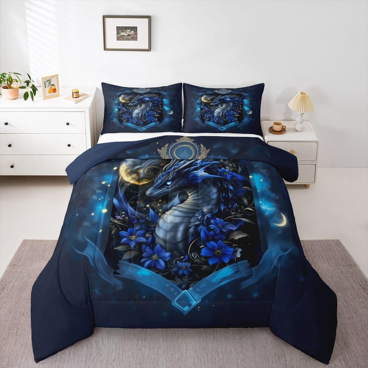 Couette 240x260 chaude dragon fleuri avec 2 taies d'oreiller bleu profond