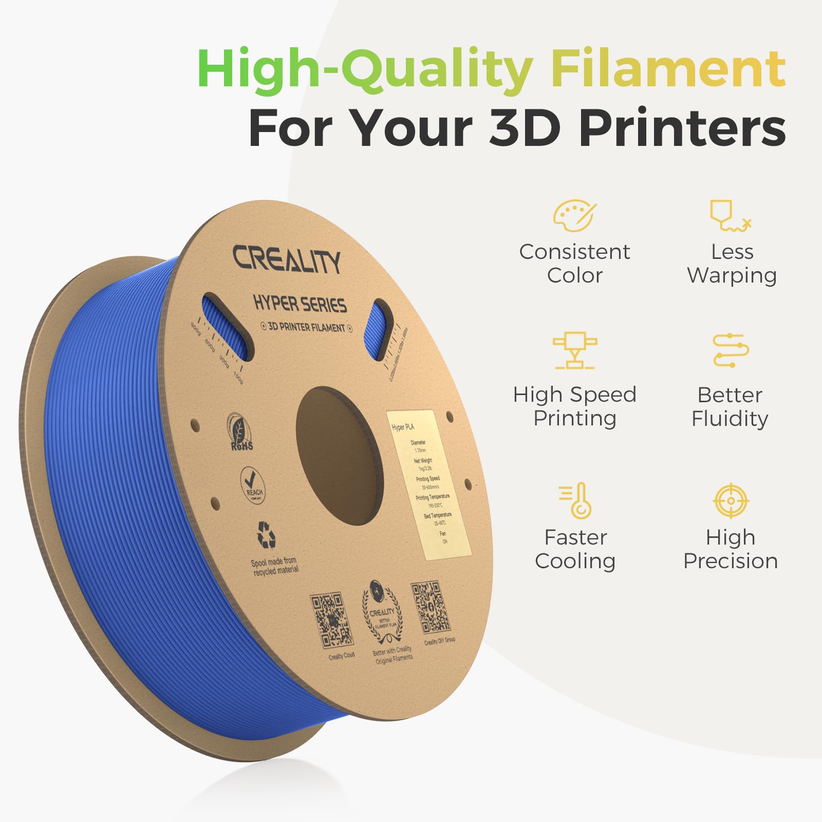 Creality Official Hyper PLA Filament Blu 1KG, Filamento per Stampanti 3D per la Stampa ad Alta Velocità, Durevole e Resistente, Liscio, Prestazioni a Sbalzo Precisione Dimensionale +/-0,03mm