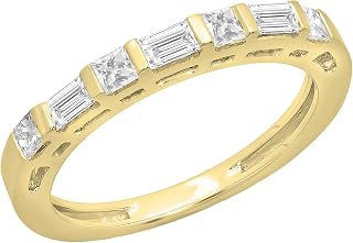 Alianza de boda apilable con diamantes blancos de princesa y baguette para ella (0,60 quilates, color I-J, claridad I1-I2) en oro macizo de 18 quilates, 5, Oro amarillo
