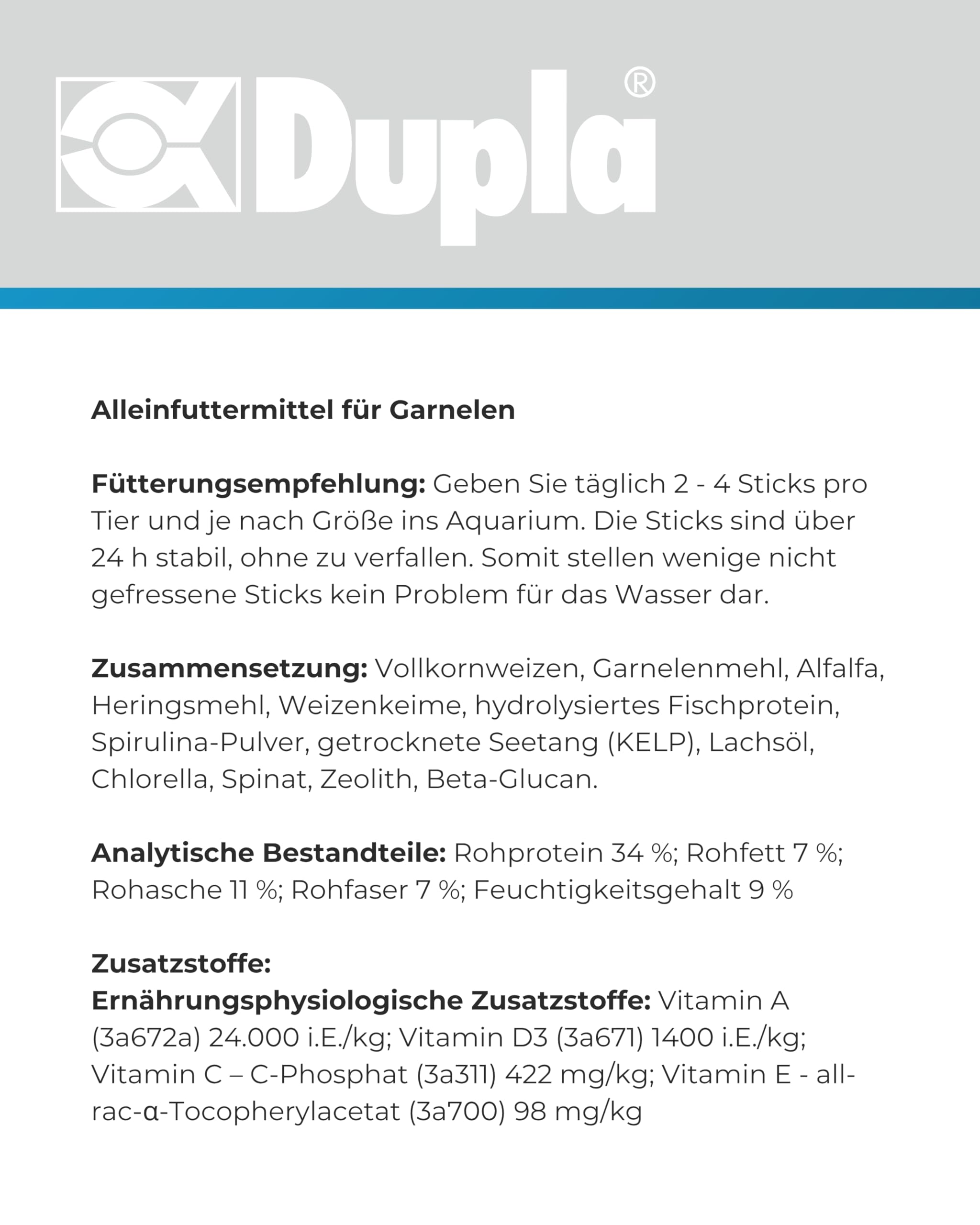Dupla DuplaRin Shrimp Snack I 500 g I Mini-Sticks für Garnelen I Hauptfutter mit Algen, Spinat & Luzerne I Futter für Süßwassergarnelen I Unterstützt Häutung, Wachstum & Vitalität