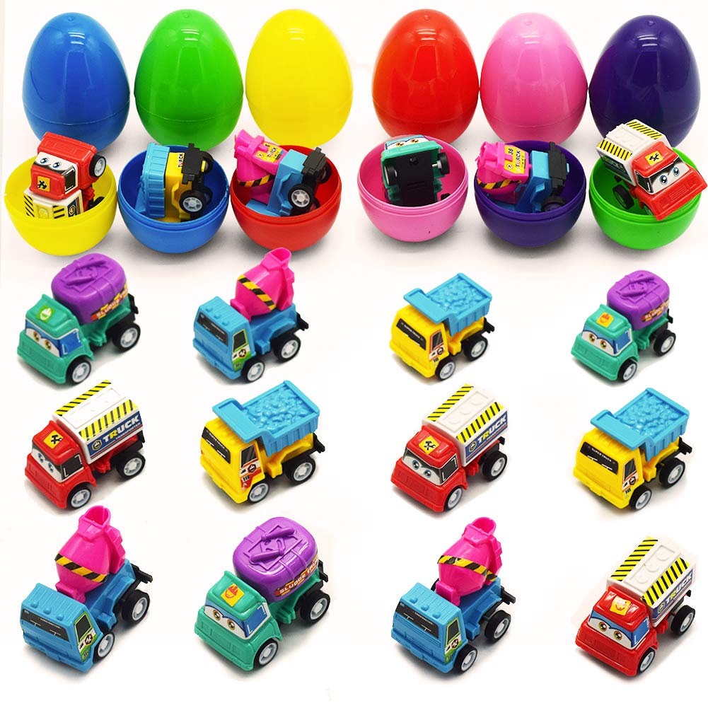 12 Pack Fillable Plastic Easter Egg with Mini Pull Back Trucks Vehicles for Easter Theme Party, Favor Easter Eggs Hunt, Basket Stuffers Fillers, Classroom Prize (12)