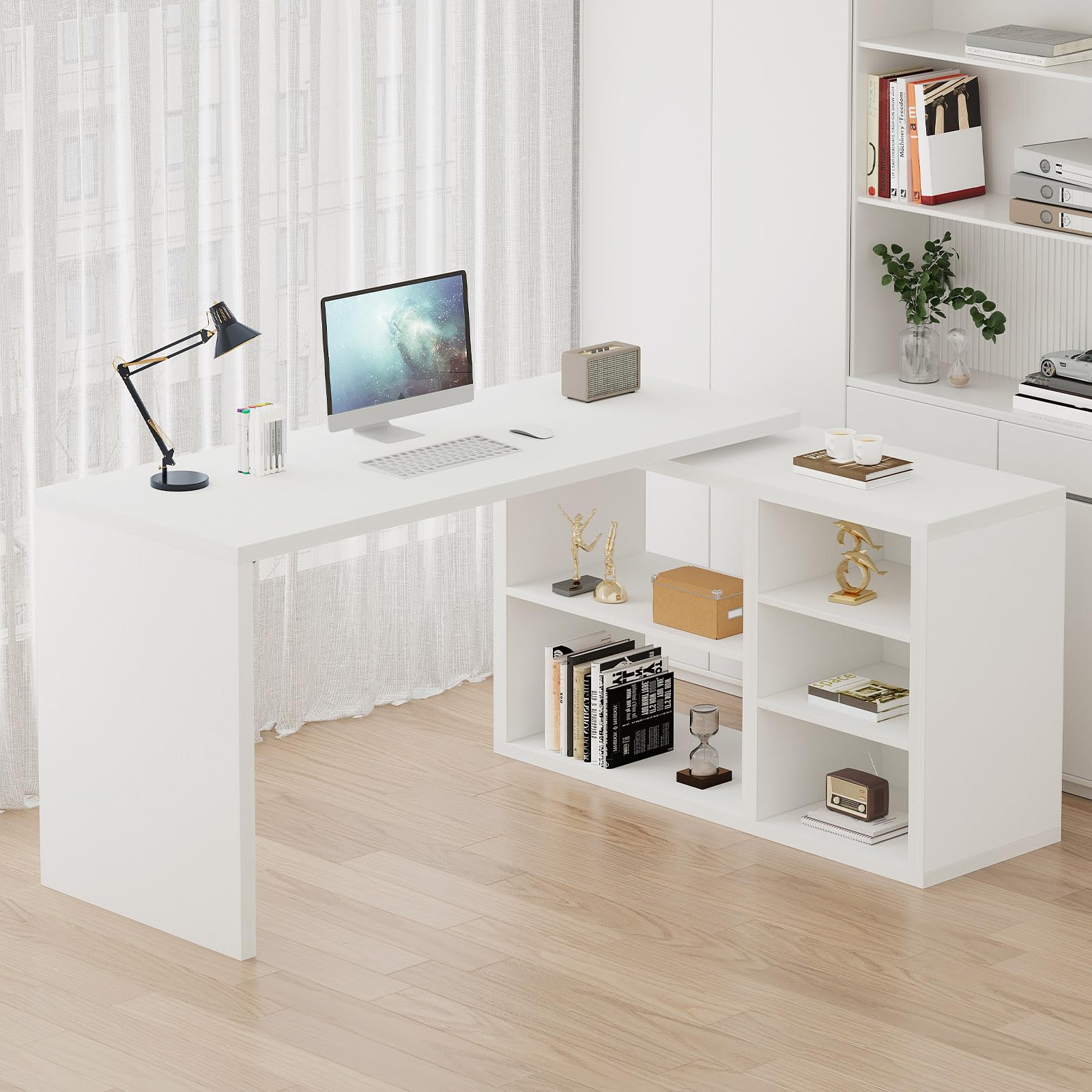 HSH Schreibtisch L Form mit Stauraum 140x60 cm Computertisch Eckschreibtisch mit Ablagefächer PC Ecktisch L-förmiger Gaming Tisch mit Regal für Büro Homeoffice Schlafzimmer Arbeitszimmer Weiß