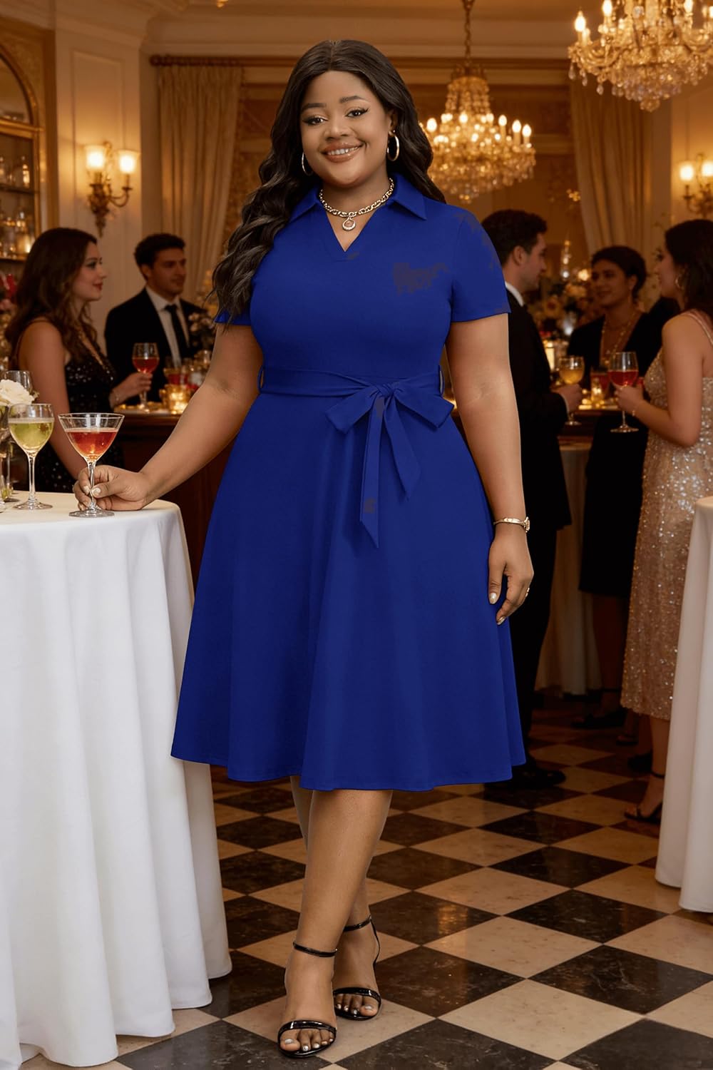 FANDEE Plus Size Dresses, Women Summer Casual V Neck Short Sleeve A-Line Cocktail Shirt Midi Dress with Belt and Pockets - Image 2