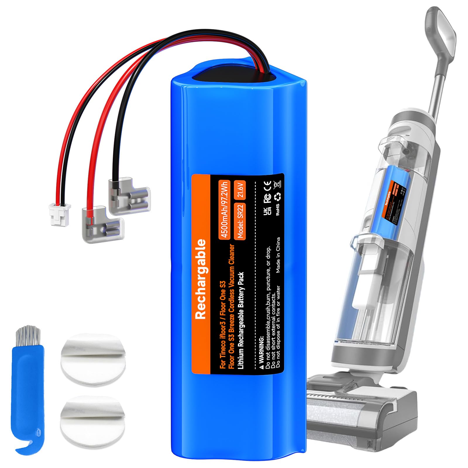 4500mAh/21.6V Batteria di Ricambio per Tineco Floor One S3, Floor One S3 Breeze, per Tineco S2, Tineco Floor One S2 Aspirapolvere Batteria a lunga durata (1 batteria + 1 spazzola + 3M Adesivi)