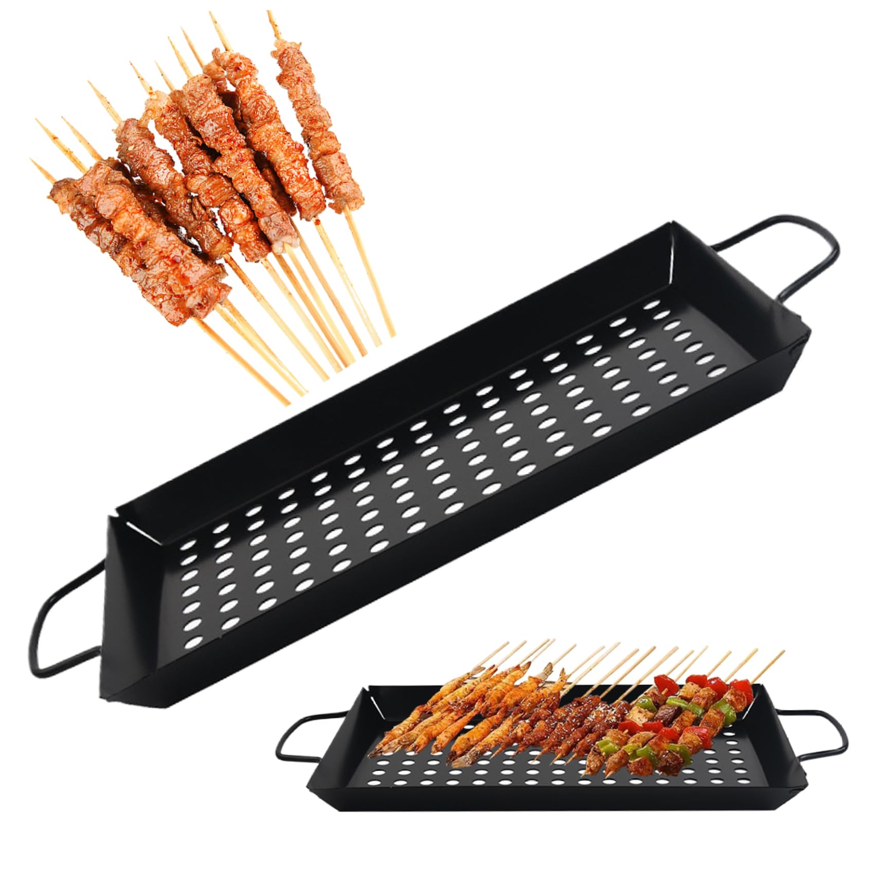 Grill Basket 12 Inch Carbon Steel Grilling Basket with Holes Non-stick BBQ Baskets for Grilling Accessories Heavy Duty Grill Rack for Vegetables, Kabobs, Fish ShrimpsBasket