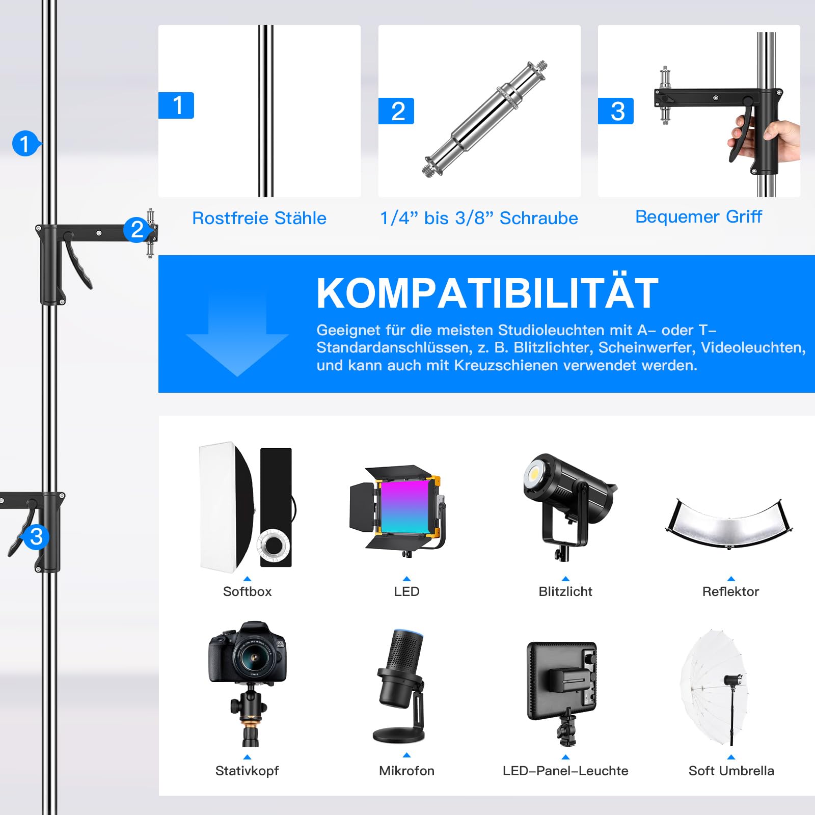 Soonpho Zestaw 2 przesuwnych uchwytów z wytrzymałą głowicą obrotową do metalowego ciężkiego statywu rolkowego C Stand 224 cm wytrzymały statyw studyjny