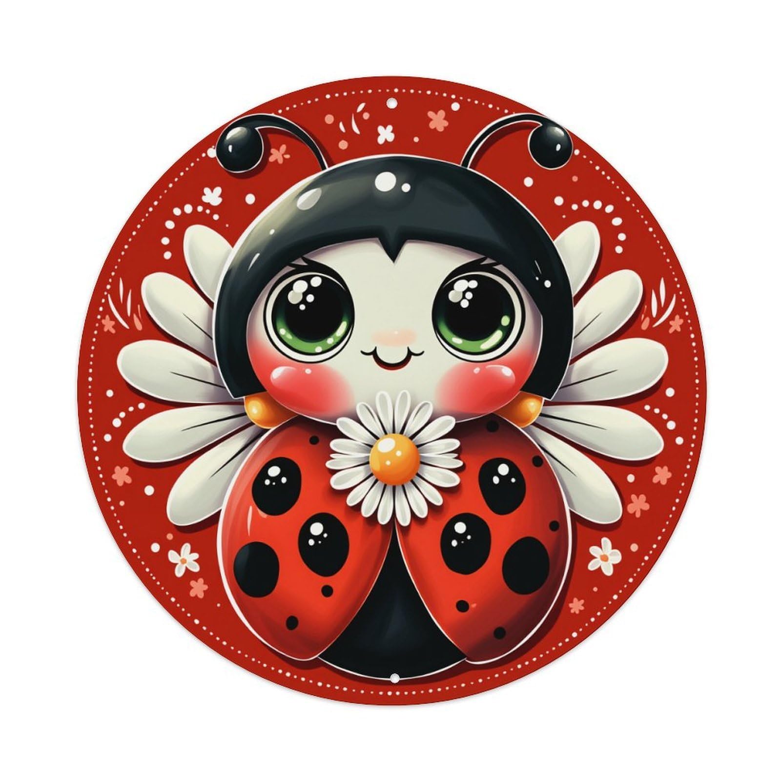 Cute Ladybug With Daisy Pattern Round Tin Sign Vintage Metal Poster, Home Bar Garage Man Cave Cafe Indoor & Outdoor Wall Decoration 8x8Inches
