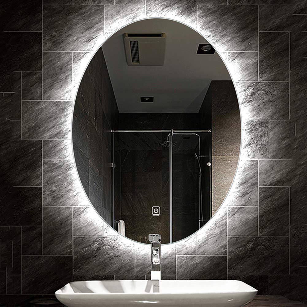 Specchio Espejo de baño de pared con iluminación LED, antideflagrante, ovalado, sin Marco, con botón táctil (Luz Blanca/cálida, atenuación rápida)