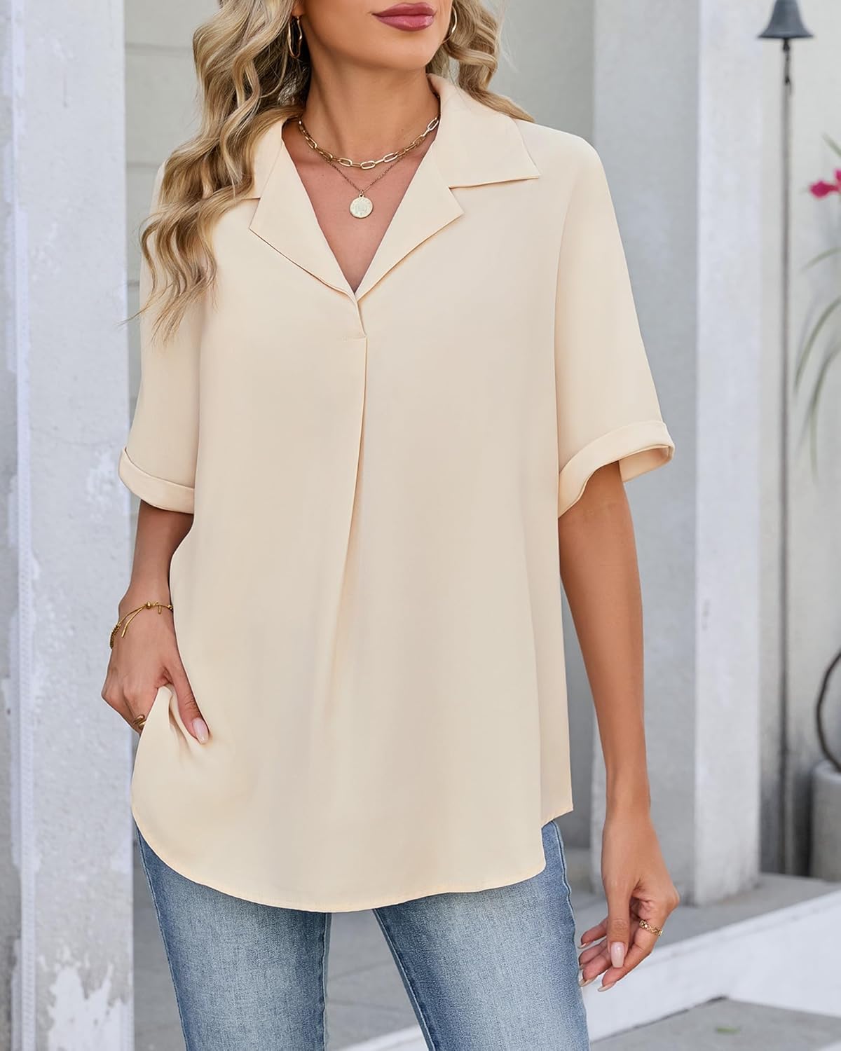 Womens Loose Fit Shirts Short Sleeve Striped Shirt Casual Collared Tops Women Office Work Blouses - Image 2