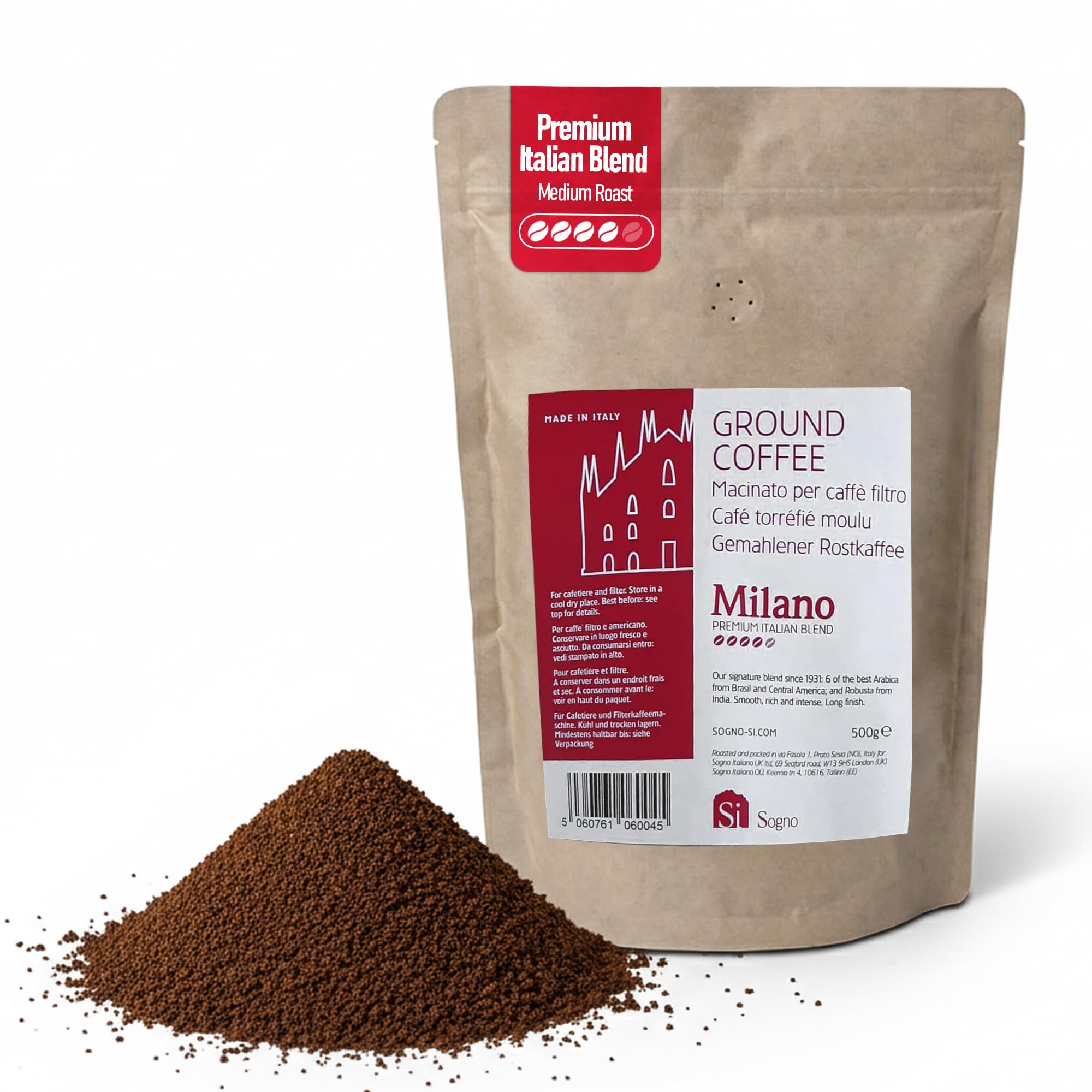 Sogno Milano Ground Coffee Medium Roast | Premium Italian Blend, Rich and Smooth; Medium Roast, 500g - Perfect for Moka Pots & Filters