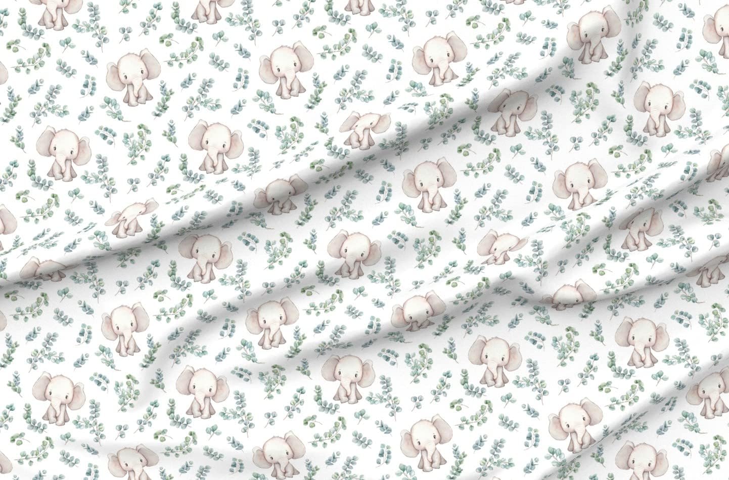 Spoonflower Fabric - Elephant White Green Grey Animal Plant Neutral Printed on Petal Signature Cotton Fabric Fat Quarter - Sewing Quilting Apparel Crafts Decor