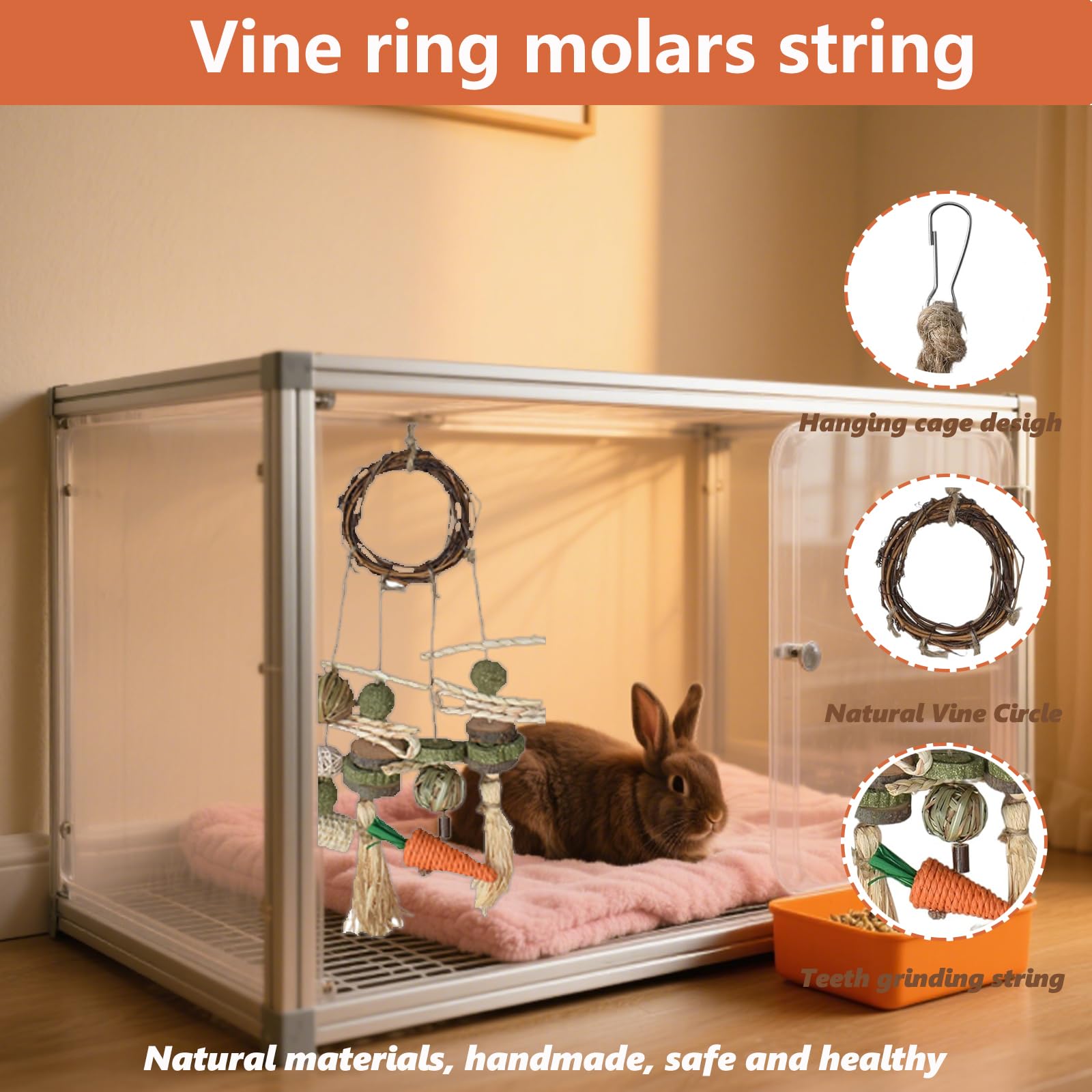 Rabbit Toys Boredom Breaker, Guinea Pig Toy Hamster Toys, Treats Rattan Ring with Snacks Grass Ball Hanging Toy Carrot for Rabbits, Chinchillas, Hamsters, Guinea Pig - Image 3