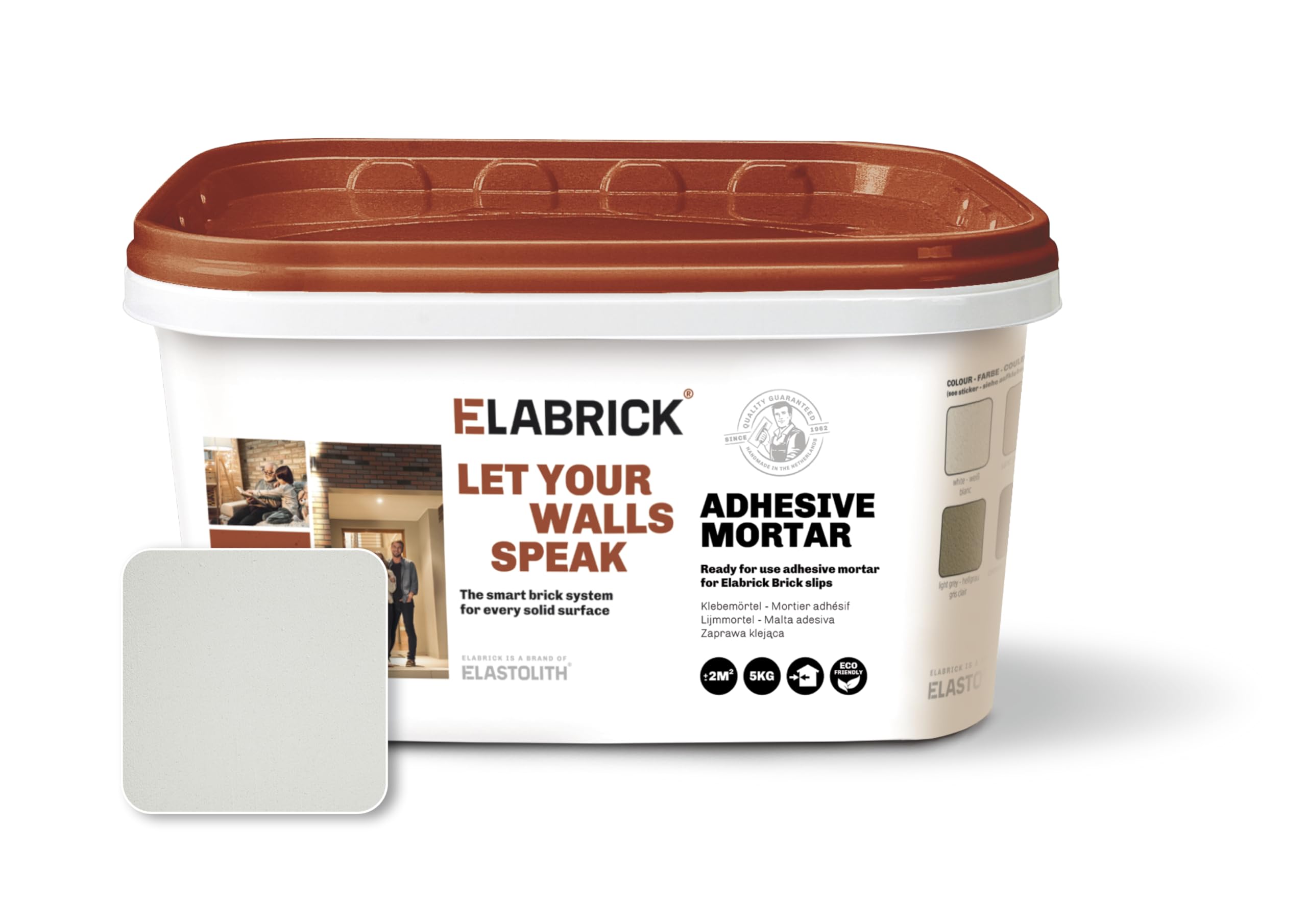 Adesivo per mattoni Elabrick, 5kg, pronto all'uso, colla monocomponente in pasta, Bianco, Copre 2m², adatto sia per uso indoor che outdoor, fai da te, ristrutturazione casa, vernici.